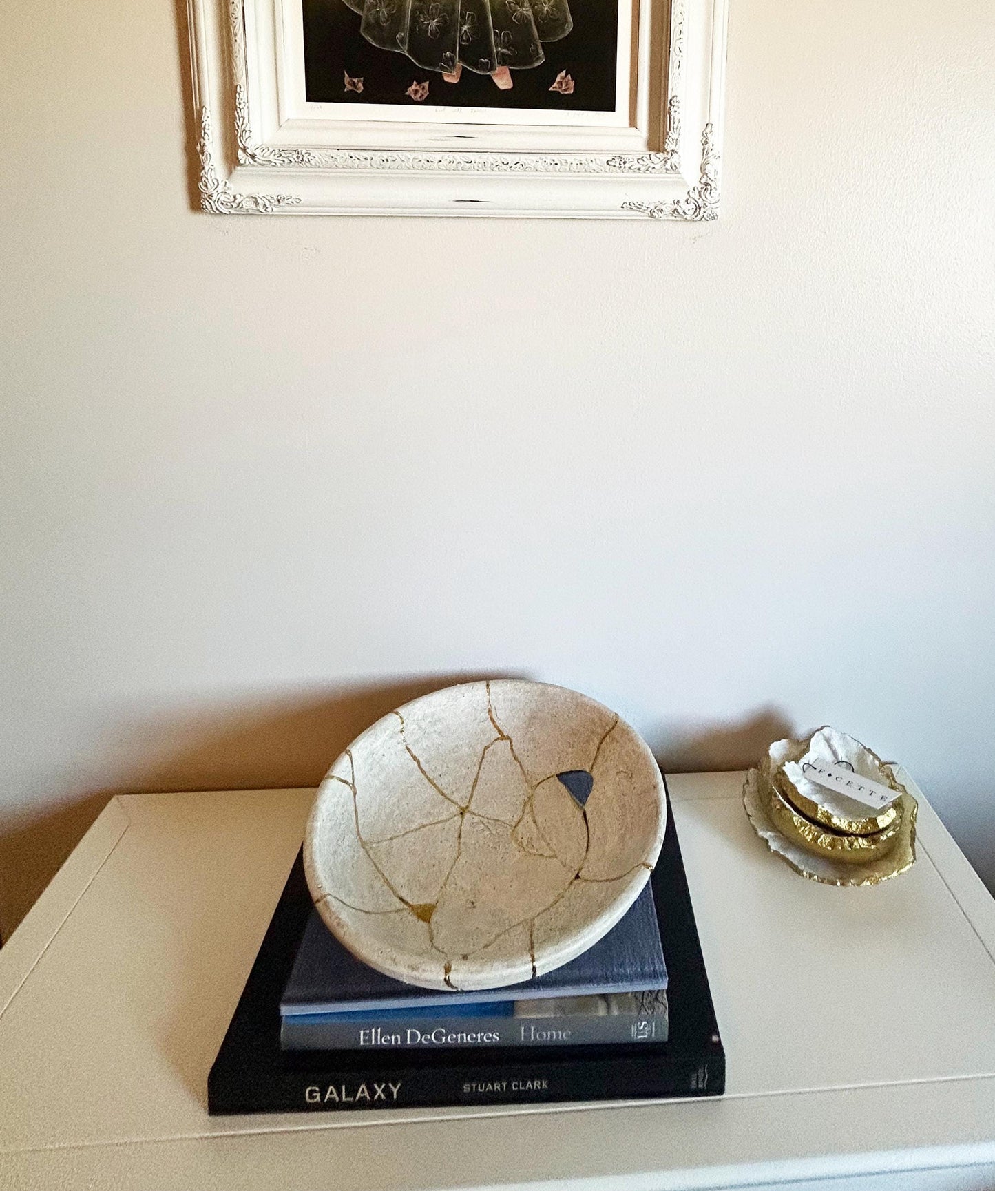 Kintsugi Low Bowl - Wabi Sabi - Broken + Repaired Japanese Pottery Art - Hand Painted Gold - Whitewashed/Ridged - Large (D) 12in