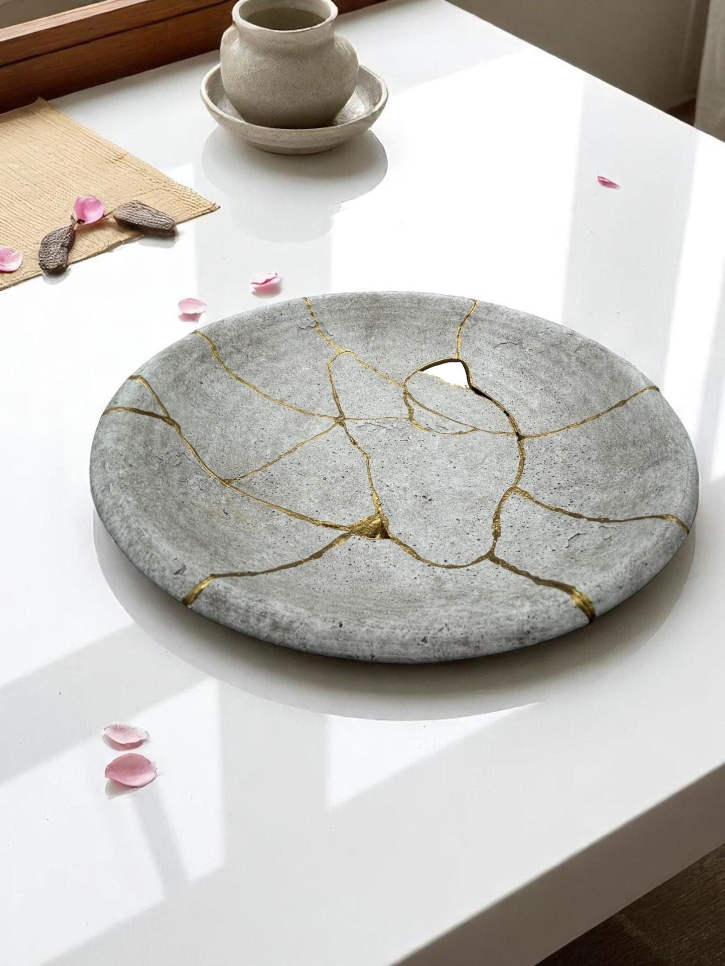 Kintsugi Low Bowl - Wabi Sabi - Broken + Repaired Japanese Pottery Art - Hand Painted Gold - Whitewashed/Ridged - Large (D) 12in