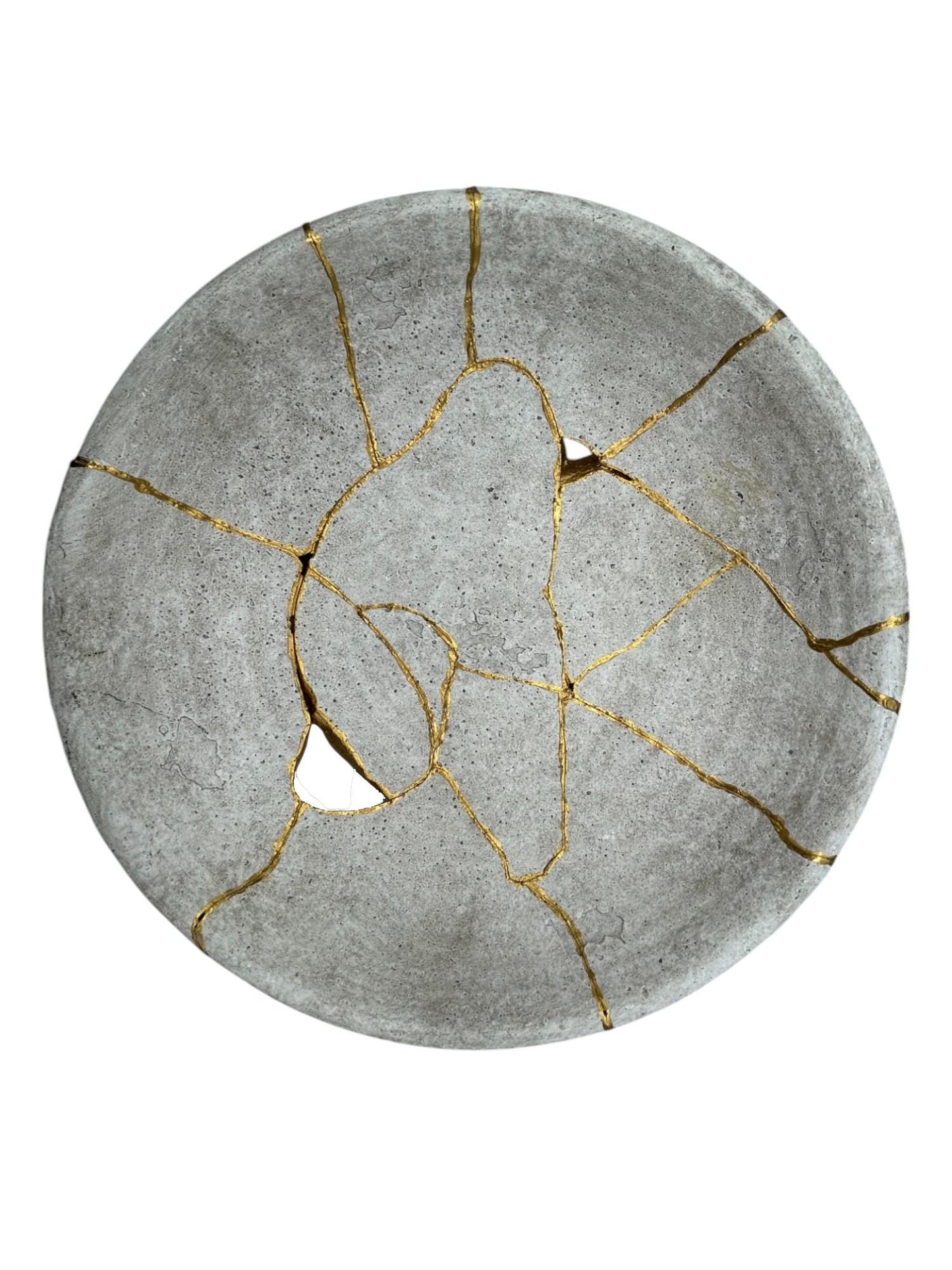 Kintsugi Low Bowl - Wabi Sabi - Broken + Repaired Japanese Pottery Art - Hand Painted Gold - Whitewashed/Ridged - Large (D) 12in
