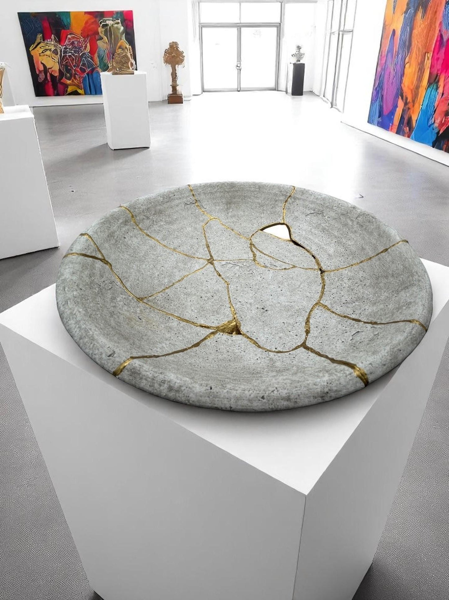 Kintsugi Low Bowl - Wabi Sabi - Broken + Repaired Japanese Pottery Art - Hand Painted Gold - Whitewashed/Ridged - Large (D) 12in