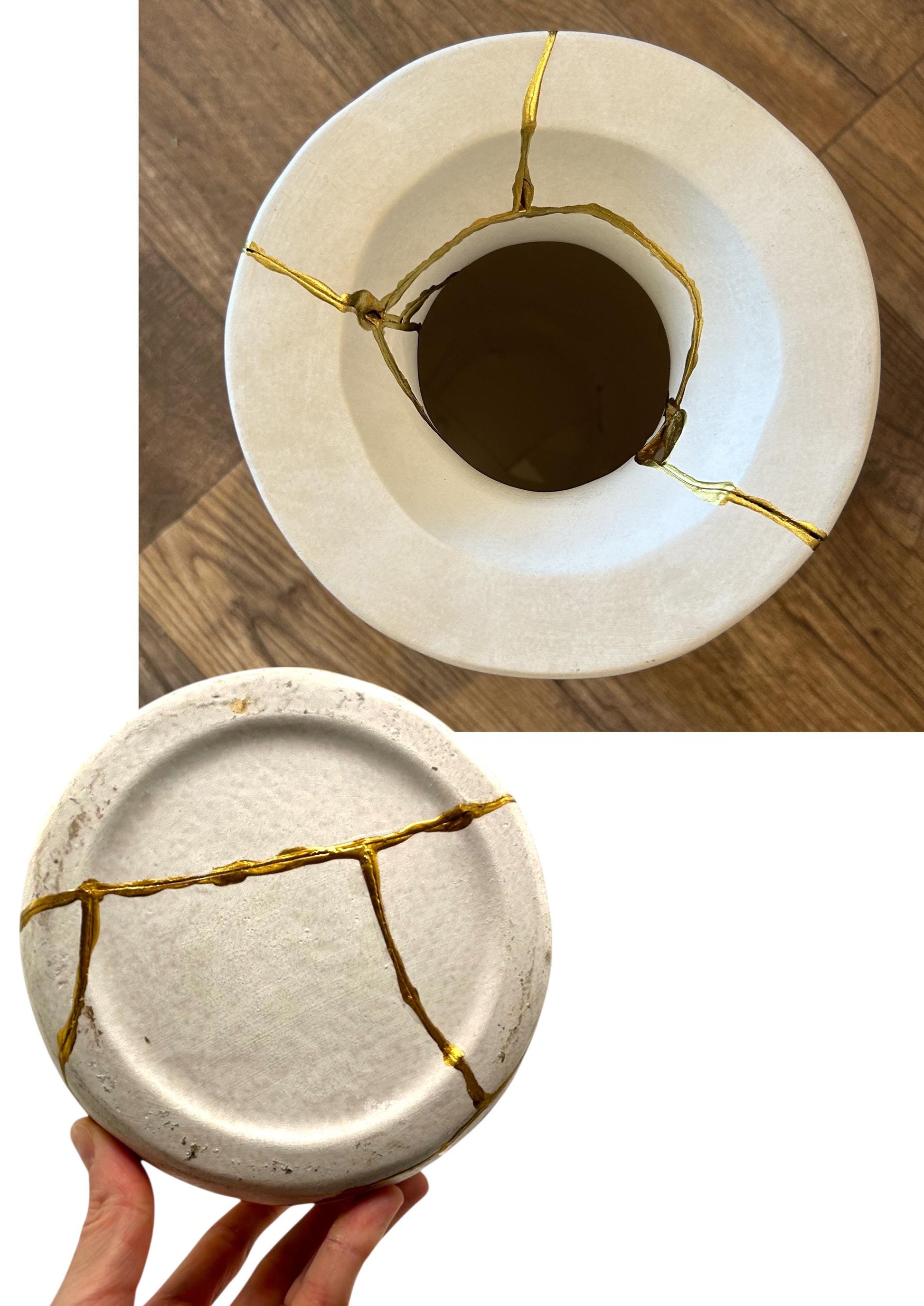Kintsugi Giraffe Flat Rim Vase - Japanese Pottery Broken + Repaired - Matte/Whitewashed - Hand Painted Gold - Large - Floor/Table (H) 14in