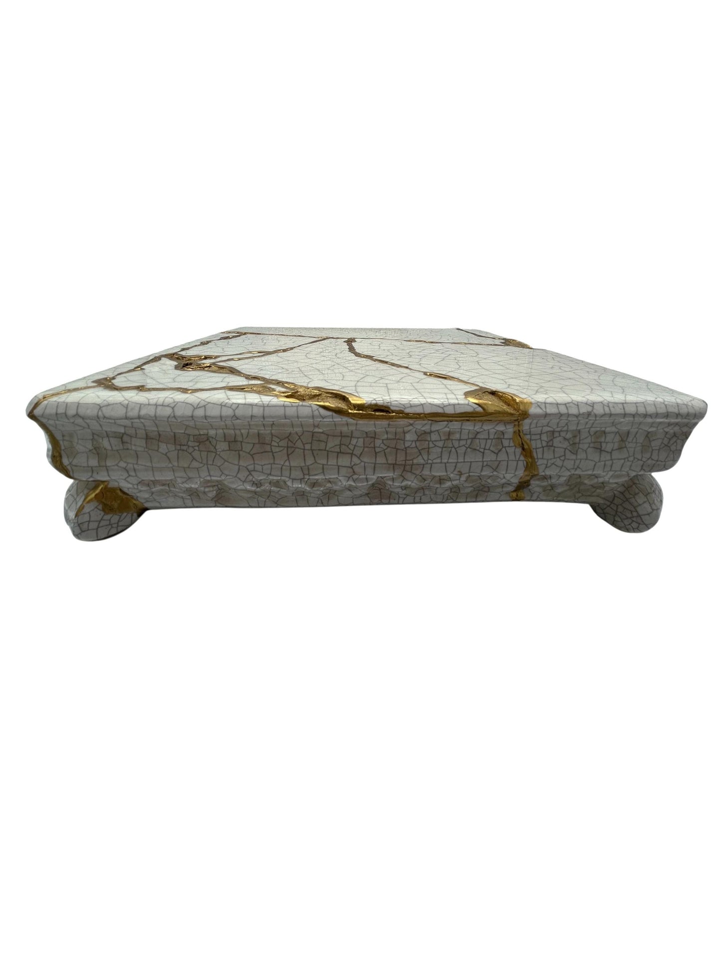 Modern Kintsugi Square Pedestal - Broken + Repaired Japanese Pottery - Hand Painted Gold - Warm White - Cracked Texture (W) 10in (H) 2.5in