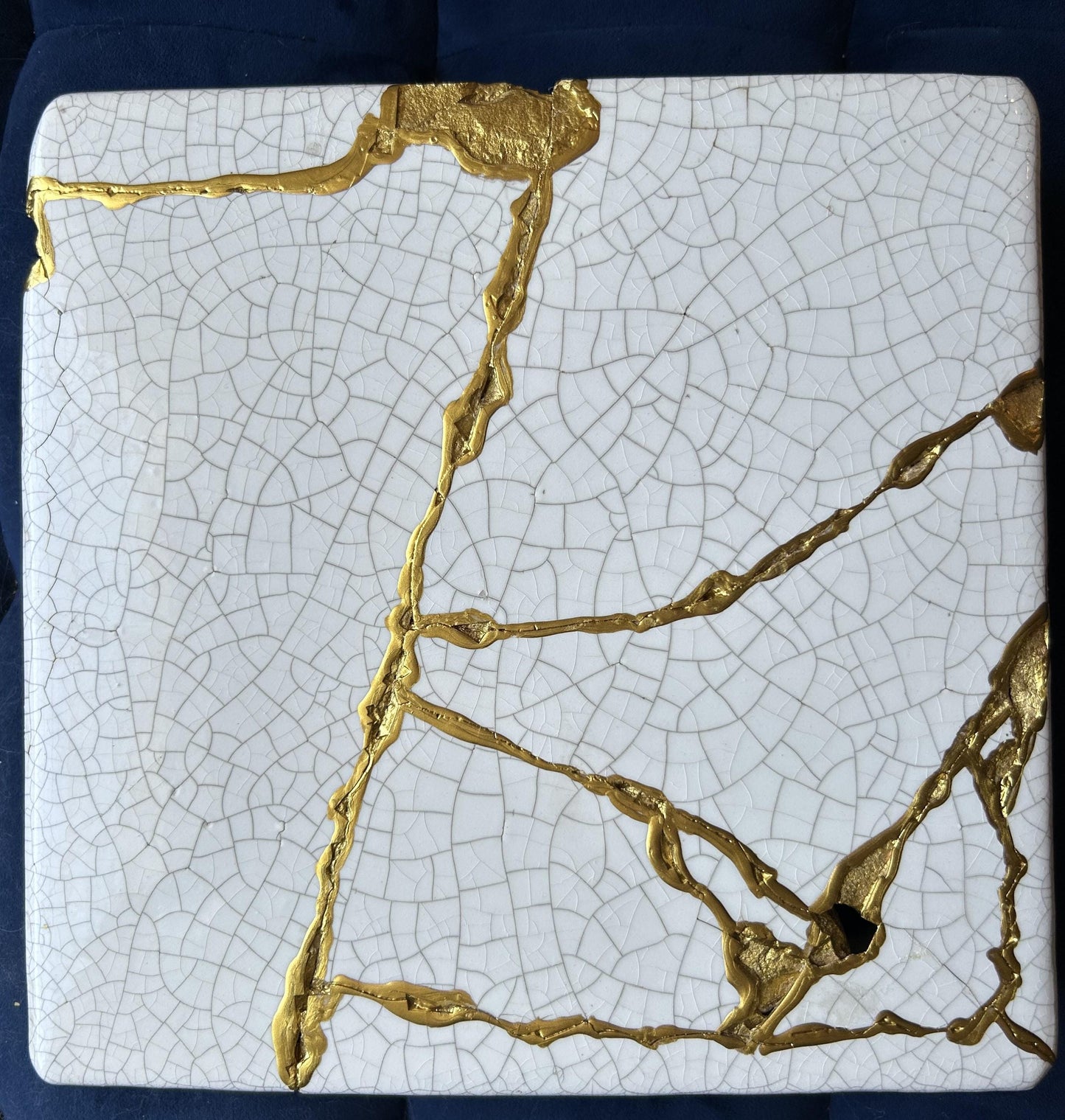 Modern Kintsugi Square Pedestal - Broken + Repaired Japanese Pottery - Hand Painted Gold - Warm White - Cracked Texture (W) 10in (H) 2.5in