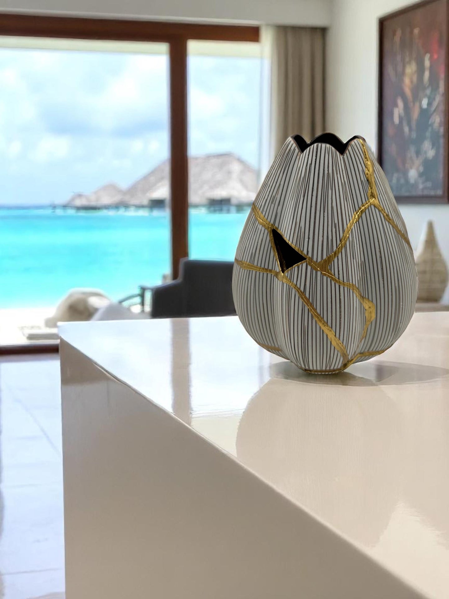 Modern Kintsugi Tulip Vase - Botanical - Broken + Repaired Japanese Pottery - Hand Painted Gold - Made in Thailand - Small (W) 3.5in (H) 5in