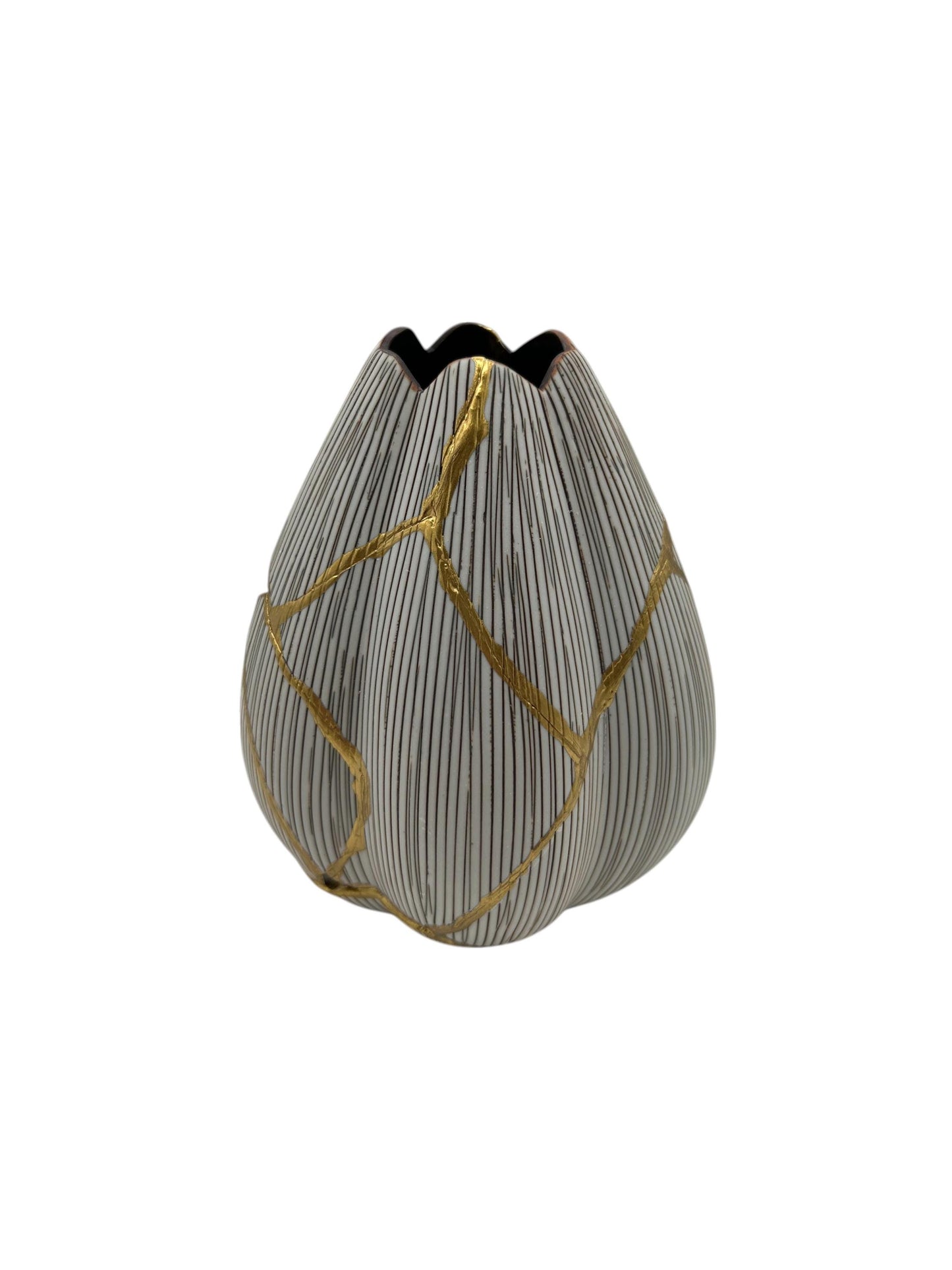 Modern Kintsugi Tulip Vase - Botanical - Broken + Repaired Japanese Pottery - Hand Painted Gold - Made in Thailand - Small (W) 3.5in (H) 5in