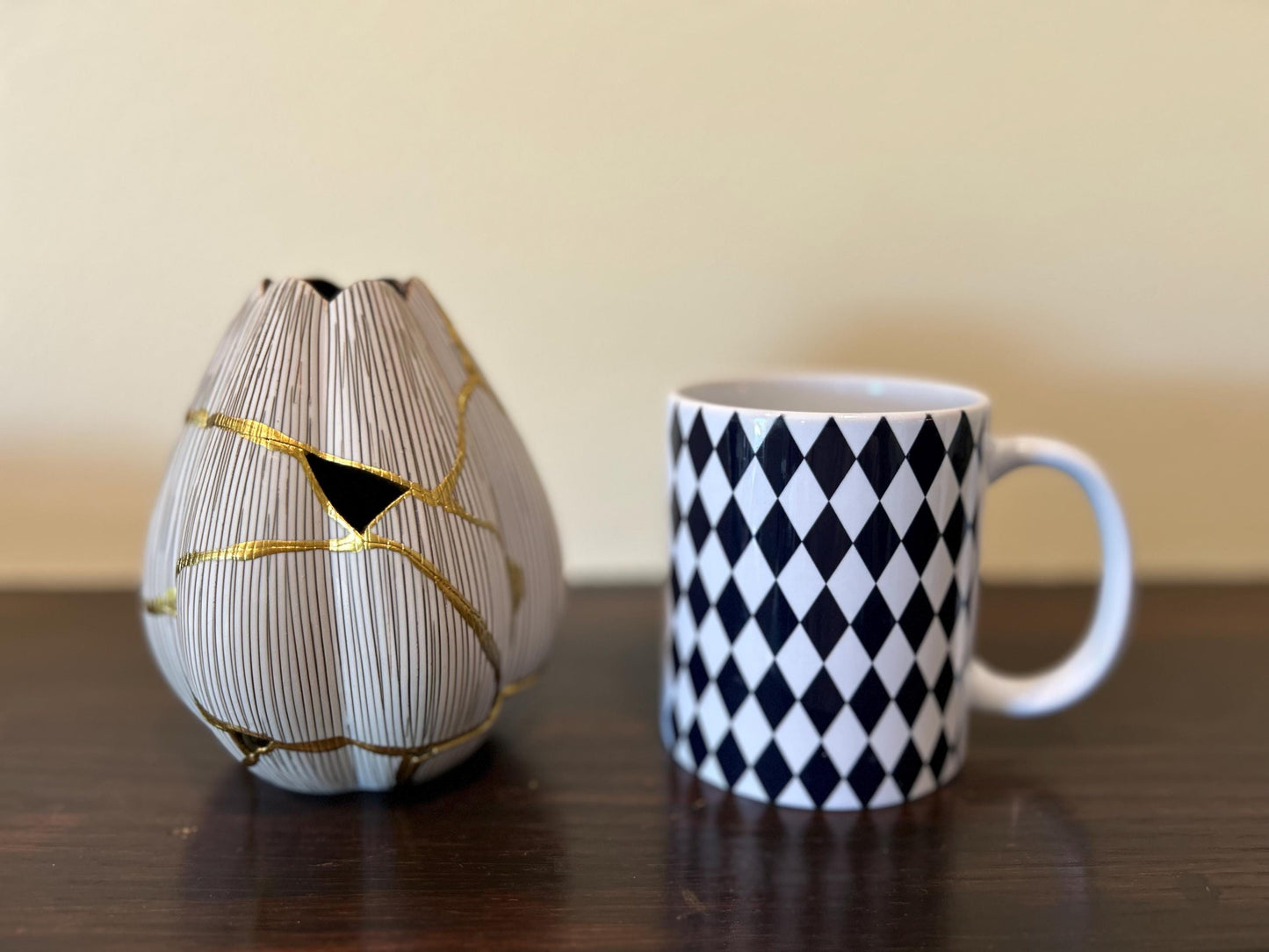 Modern Kintsugi Tulip Vase - Botanical - Broken + Repaired Japanese Pottery - Hand Painted Gold - Made in Thailand - Small (W) 3.5in (H) 5in
