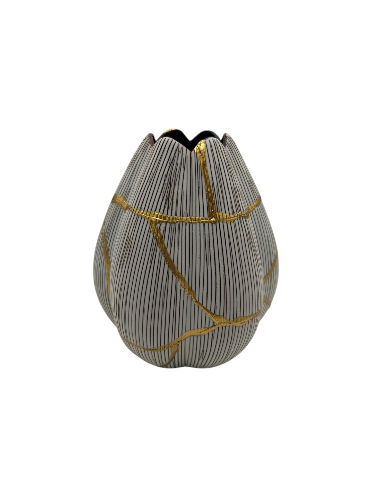 Modern Kintsugi Tulip Vase - Botanical - Broken + Repaired Japanese Pottery - Hand Painted Gold - Made in Thailand - Small (W) 3.5in (H) 5in