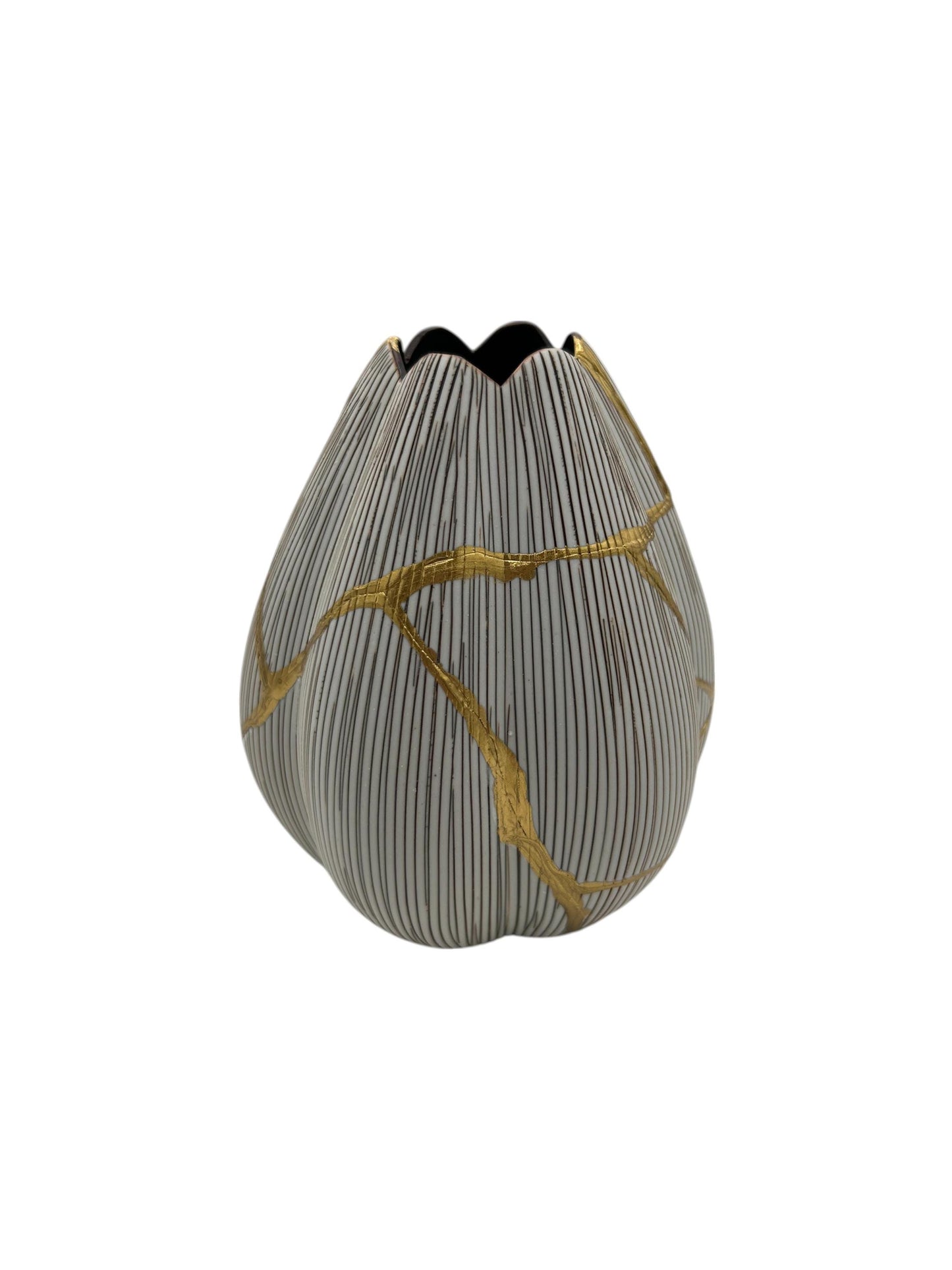Modern Kintsugi Tulip Vase - Botanical - Broken + Repaired Japanese Pottery - Hand Painted Gold - Made in Thailand - Small (W) 3.5in (H) 5in