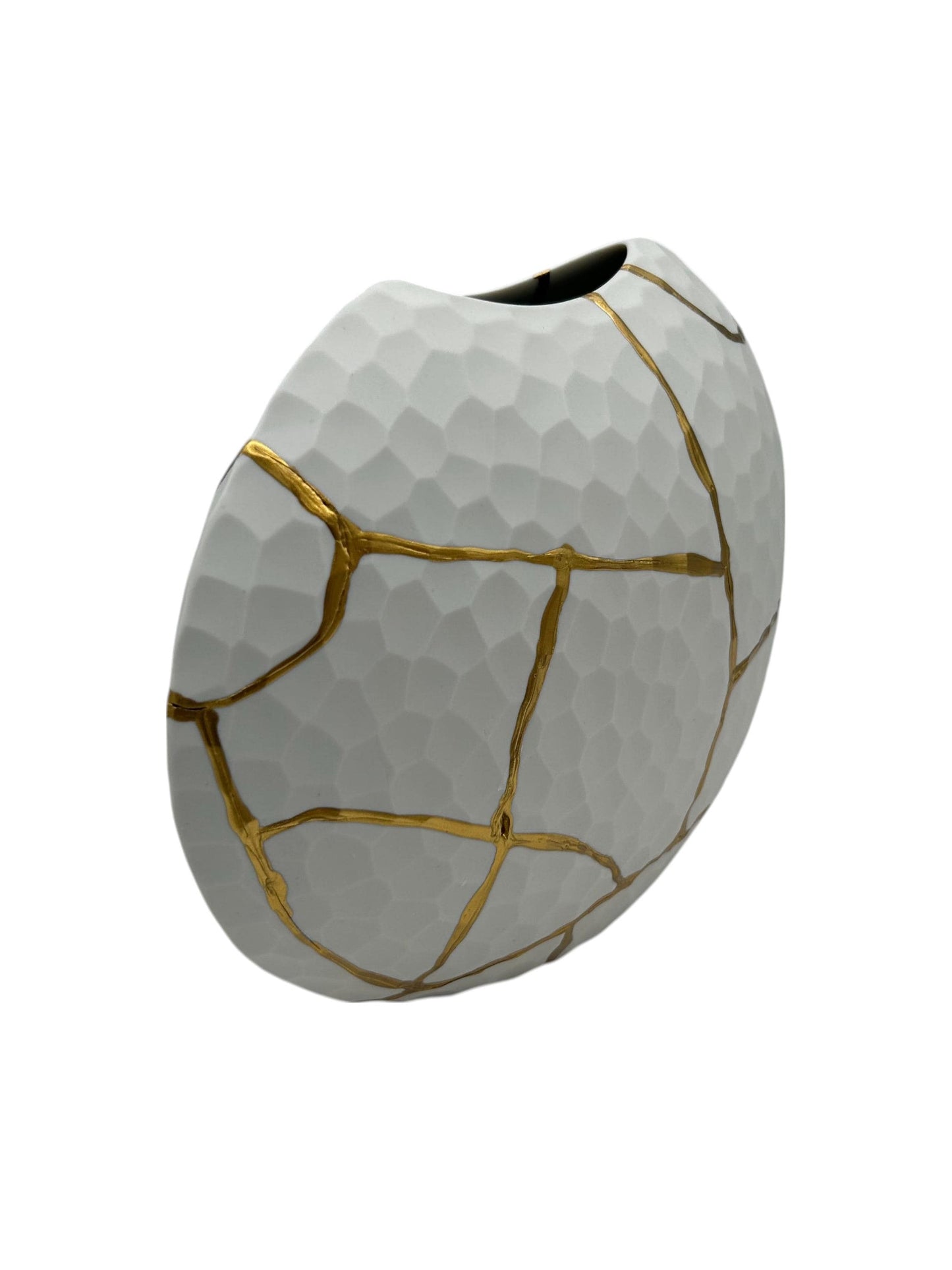 Modern Kintsugi Beehive Vase - Eggshell - Broken + Repaired Japanese Pottery - Hand Painted Gold - Made in Thailand (W) 7.25in (H) 6.5in