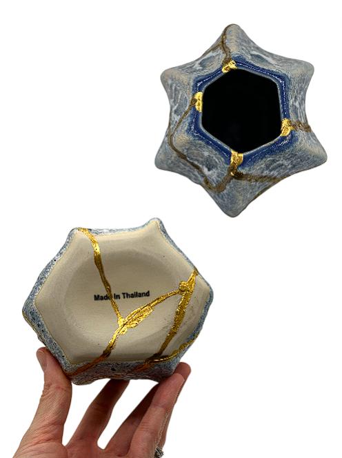 Modern Kintsugi Blue Jackfruit Vase - Botanical - Broken + Repaired Japanese Pottery - Hand Painted Gold - Made in Thailand - (H) 8.75in