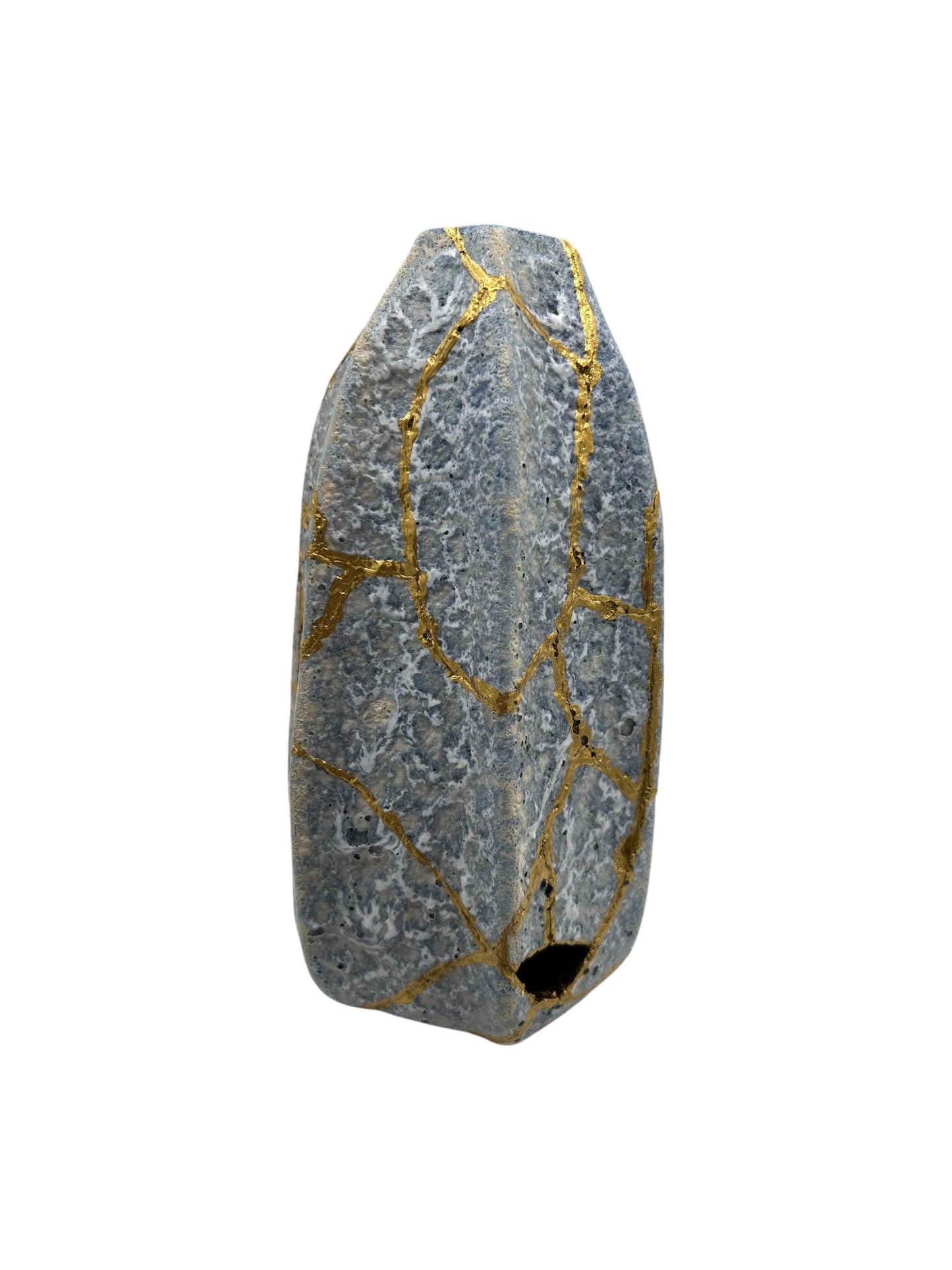 Modern Kintsugi Blue Jackfruit Vase - Botanical - Broken + Repaired Japanese Pottery - Hand Painted Gold - Made in Thailand - (H) 8.75in