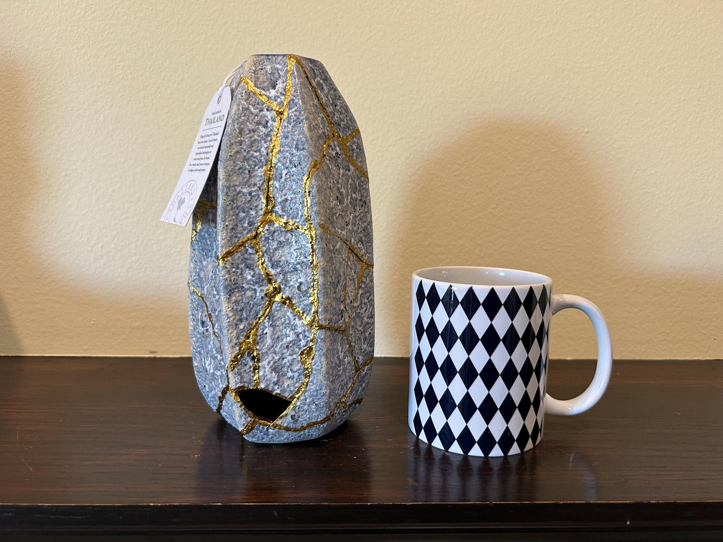 Modern Kintsugi Blue Jackfruit Vase - Botanical - Broken + Repaired Japanese Pottery - Hand Painted Gold - Made in Thailand - (H) 8.75in