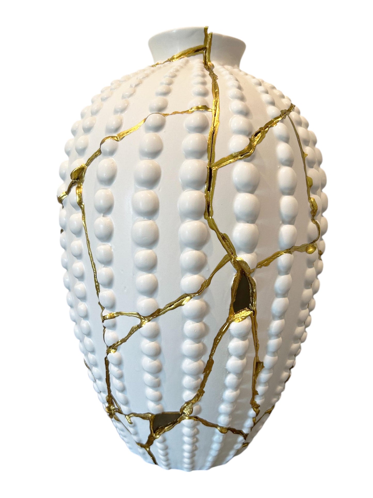 Sea Urchin Vase - Ocean Inspiration - Broken + Repaired Japanese Pottery Art - Hand Painted Gold - White Ceramic - Floor/Table (H) 12.5in