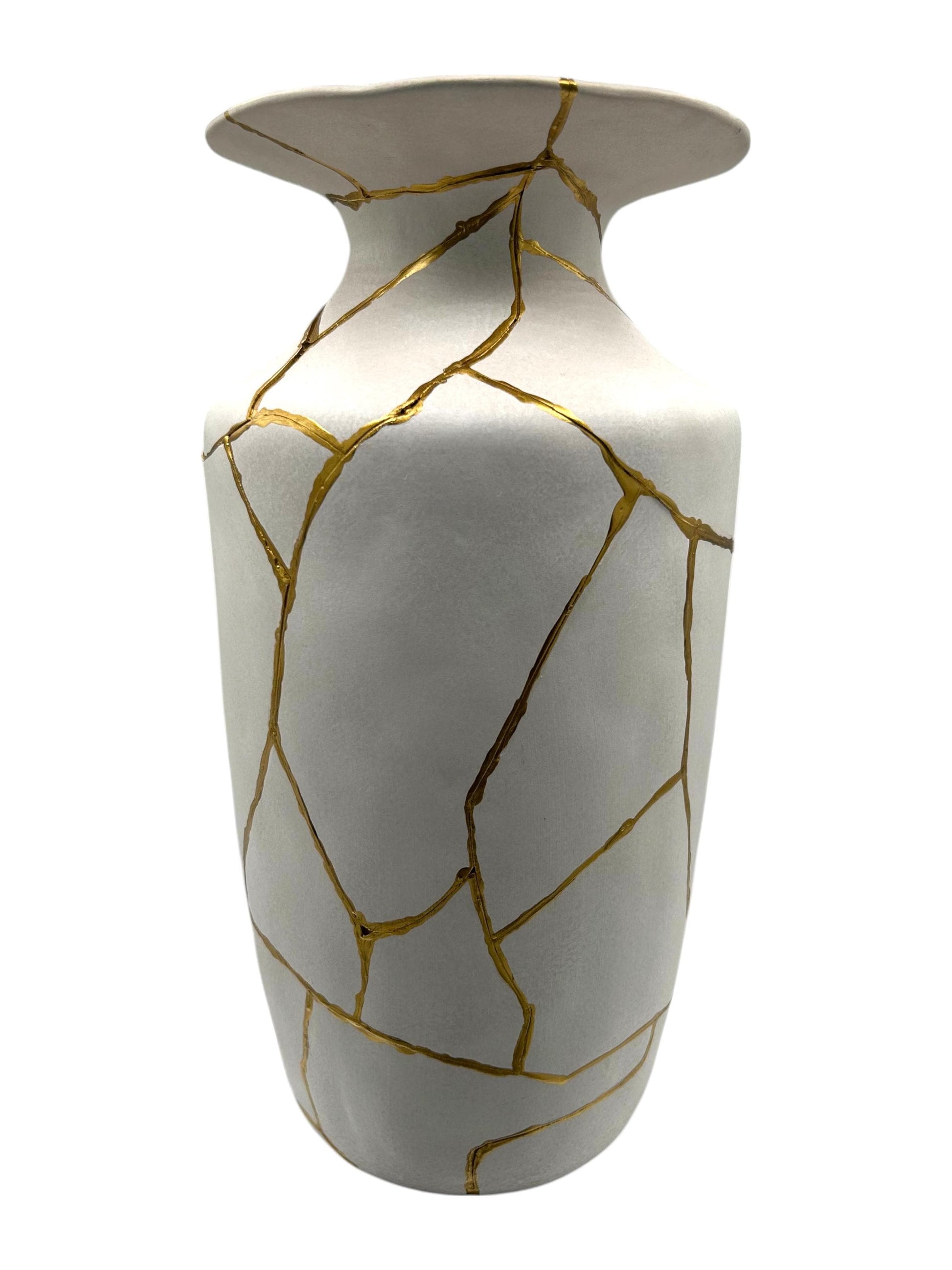 Kintsugi Giraffe Flat Rim Vase - Japanese Pottery Broken + Repaired - Matte/Whitewashed - Hand Painted Gold - Large - Floor/Table (H) 14in