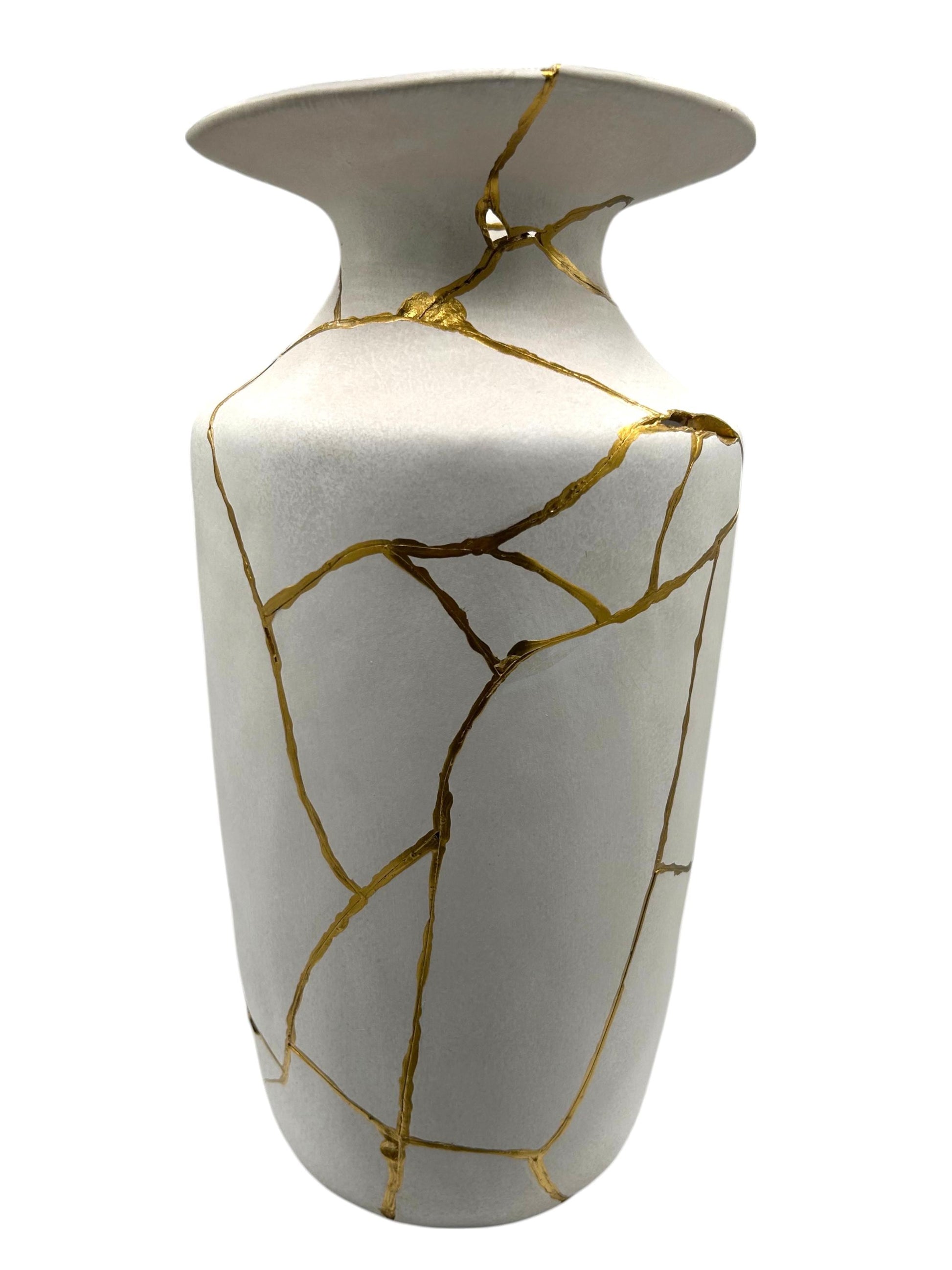 Kintsugi Giraffe Flat Rim Vase - Japanese Pottery Broken + Repaired - Matte/Whitewashed - Hand Painted Gold - Large - Floor/Table (H) 14in