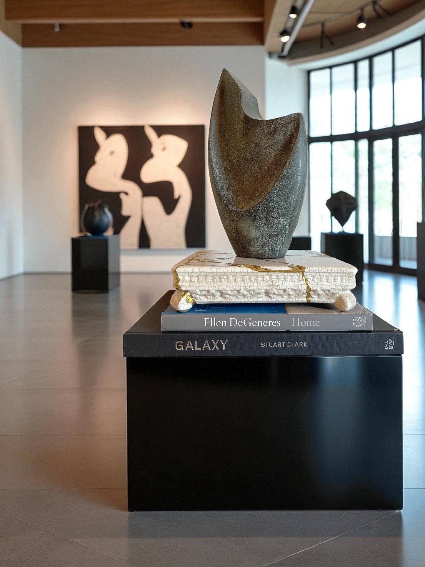 Modern Kintsugi Square Pedestal - Broken + Repaired Japanese Pottery - Hand Painted Gold - Warm White - Cracked Texture (W) 10in (H) 2.5in