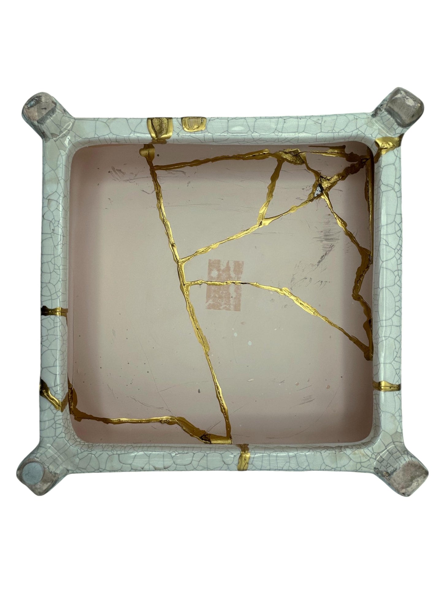 Modern Kintsugi Square Pedestal - Broken + Repaired Japanese Pottery - Hand Painted Gold - Warm White - Cracked Texture (W) 10in (H) 2.5in