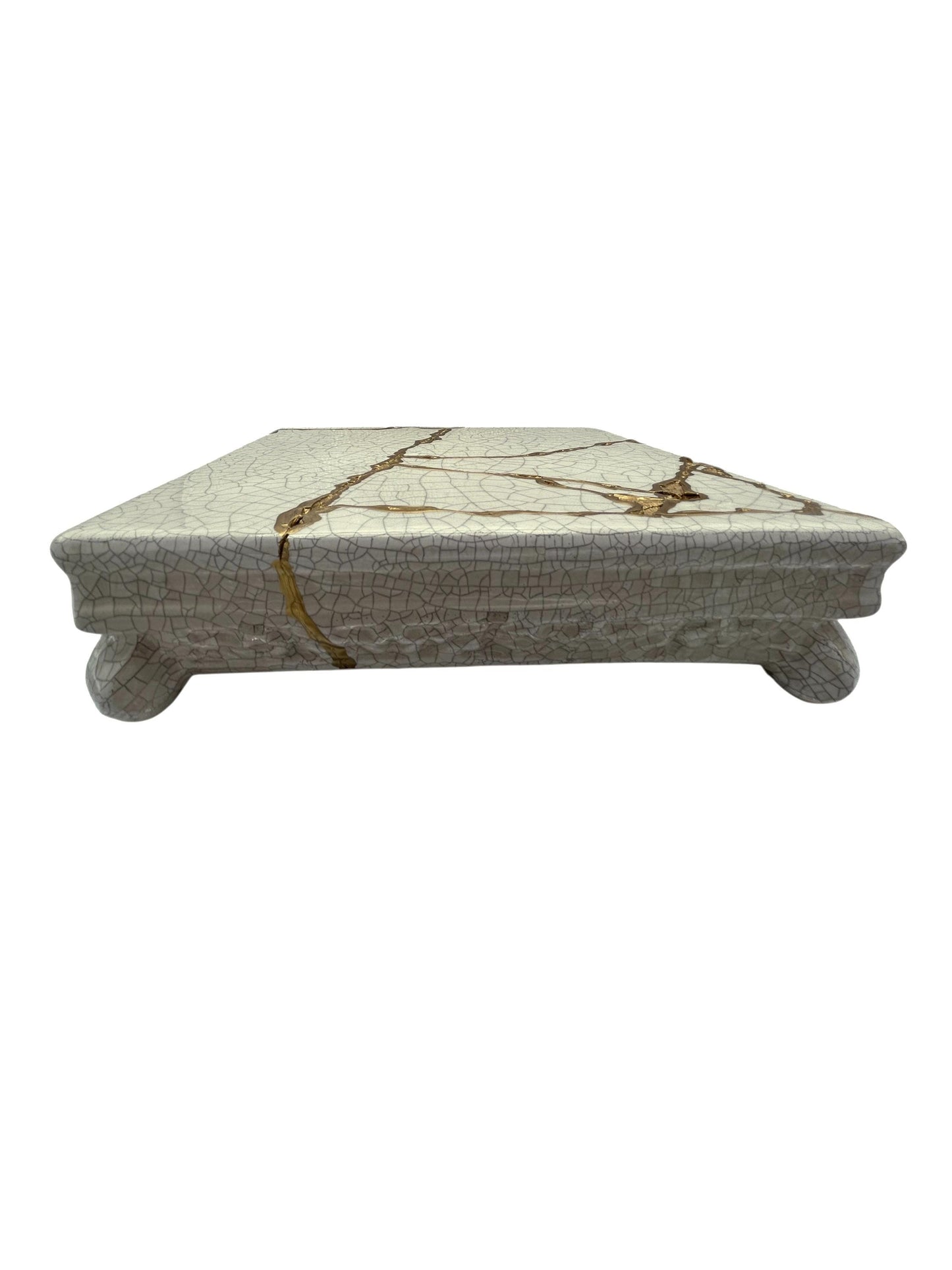Modern Kintsugi Square Pedestal - Broken + Repaired Japanese Pottery - Hand Painted Gold - Warm White - Cracked Texture (W) 10in (H) 2.5in