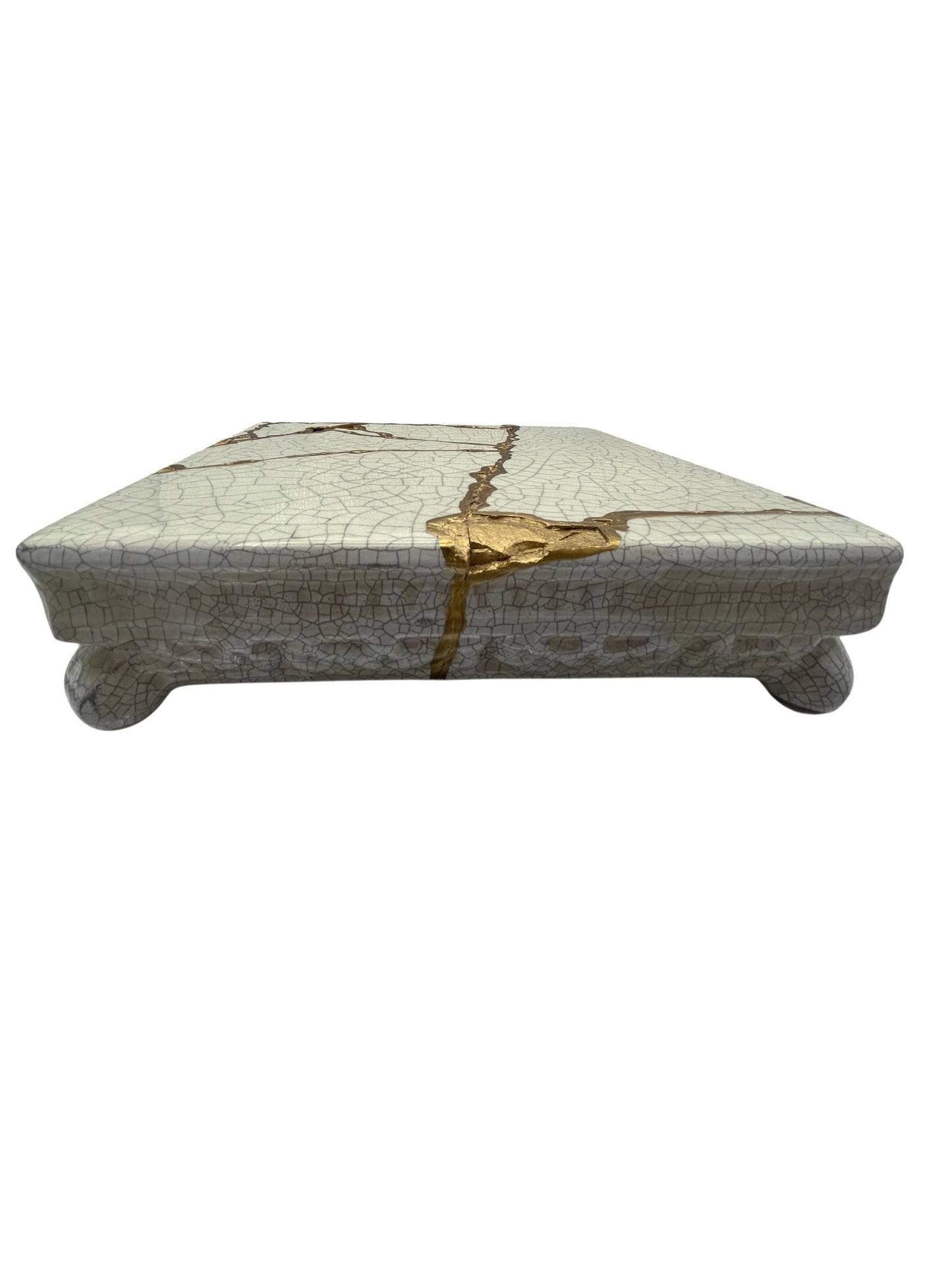 Modern Kintsugi Square Pedestal - Broken + Repaired Japanese Pottery - Hand Painted Gold - Warm White - Cracked Texture (W) 10in (H) 2.5in