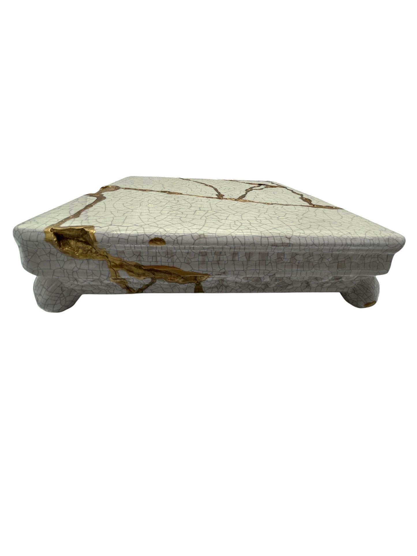Modern Kintsugi Square Pedestal - Broken + Repaired Japanese Pottery - Hand Painted Gold - Warm White - Cracked Texture (W) 10in (H) 2.5in