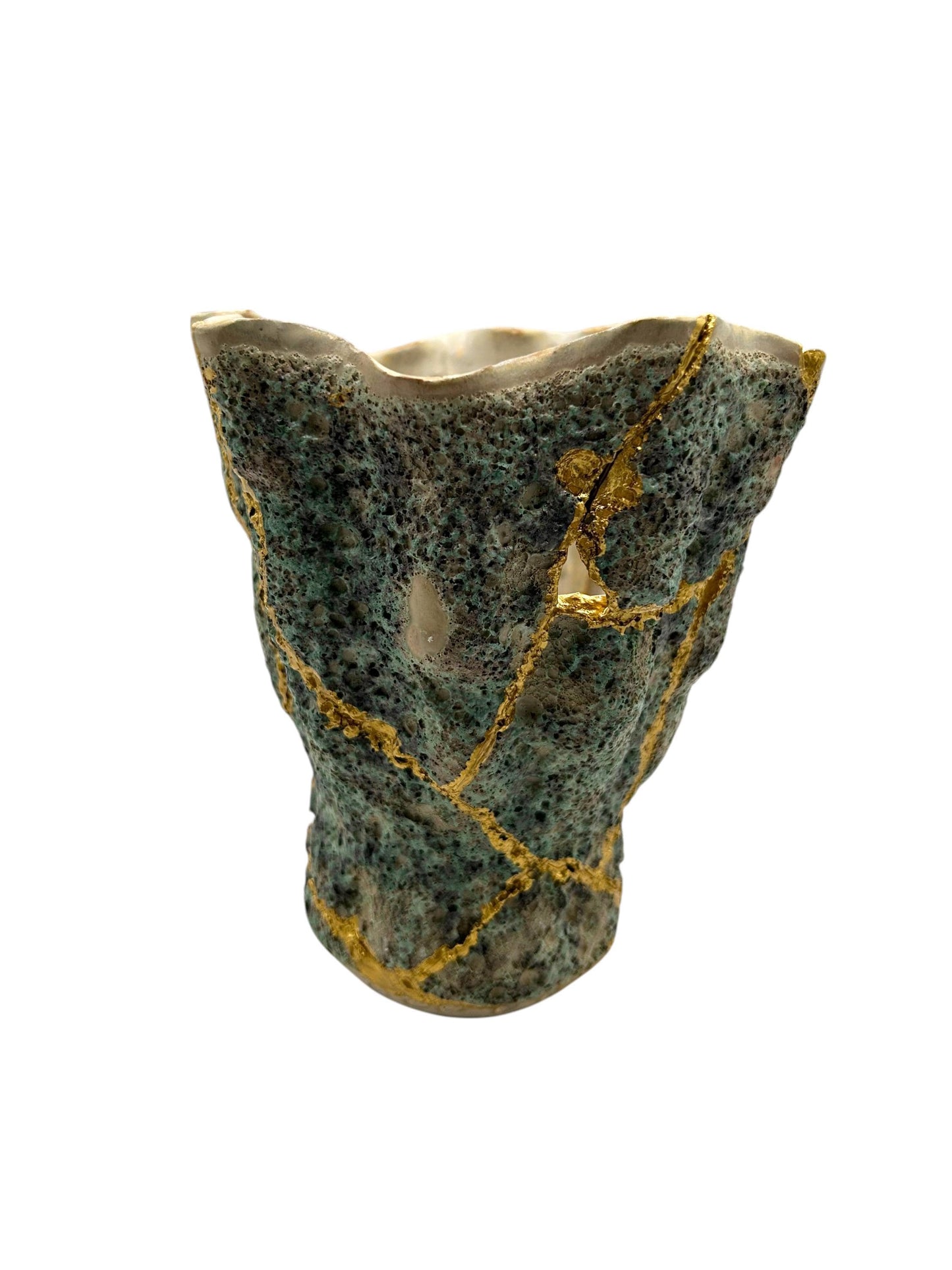 Modern Kintsugi Seafoam Vase - Ocean/Sea - Broken + Repaired Japanese Pottery - Hand Painted Gold - Made in Thailand - Green (H) 6.25in