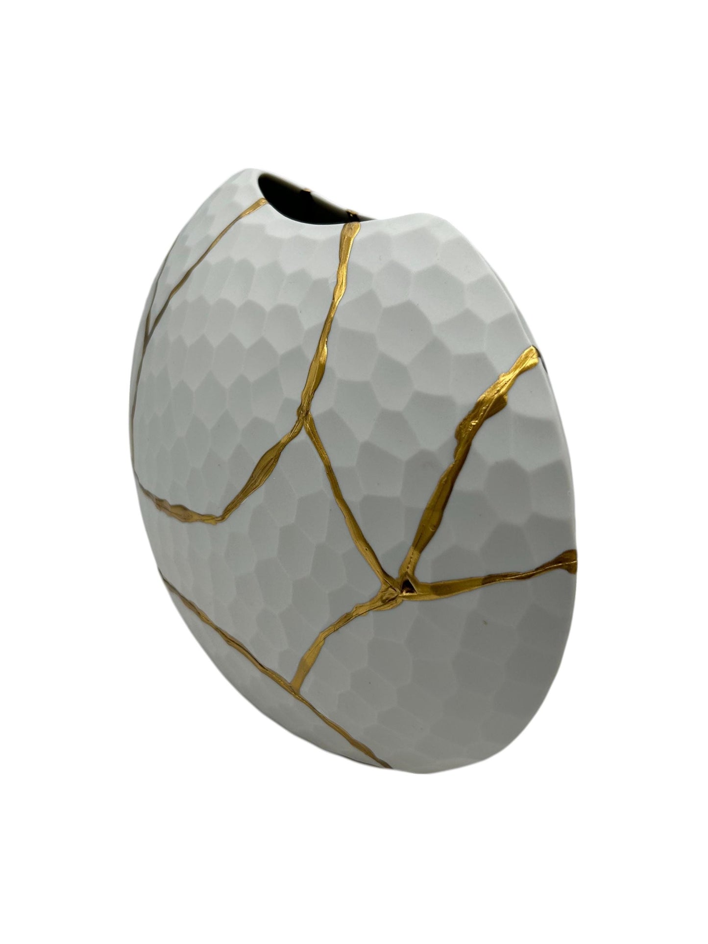 Modern Kintsugi Beehive Vase - Eggshell - Broken + Repaired Japanese Pottery - Hand Painted Gold - Made in Thailand (W) 7.25in (H) 6.5in