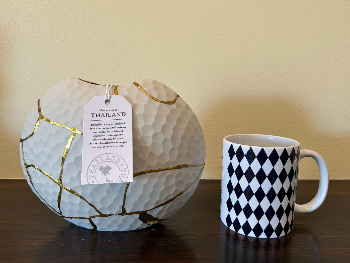 Modern Kintsugi Beehive Vase - Eggshell - Broken + Repaired Japanese Pottery - Hand Painted Gold - Made in Thailand (W) 7.25in (H) 6.5in