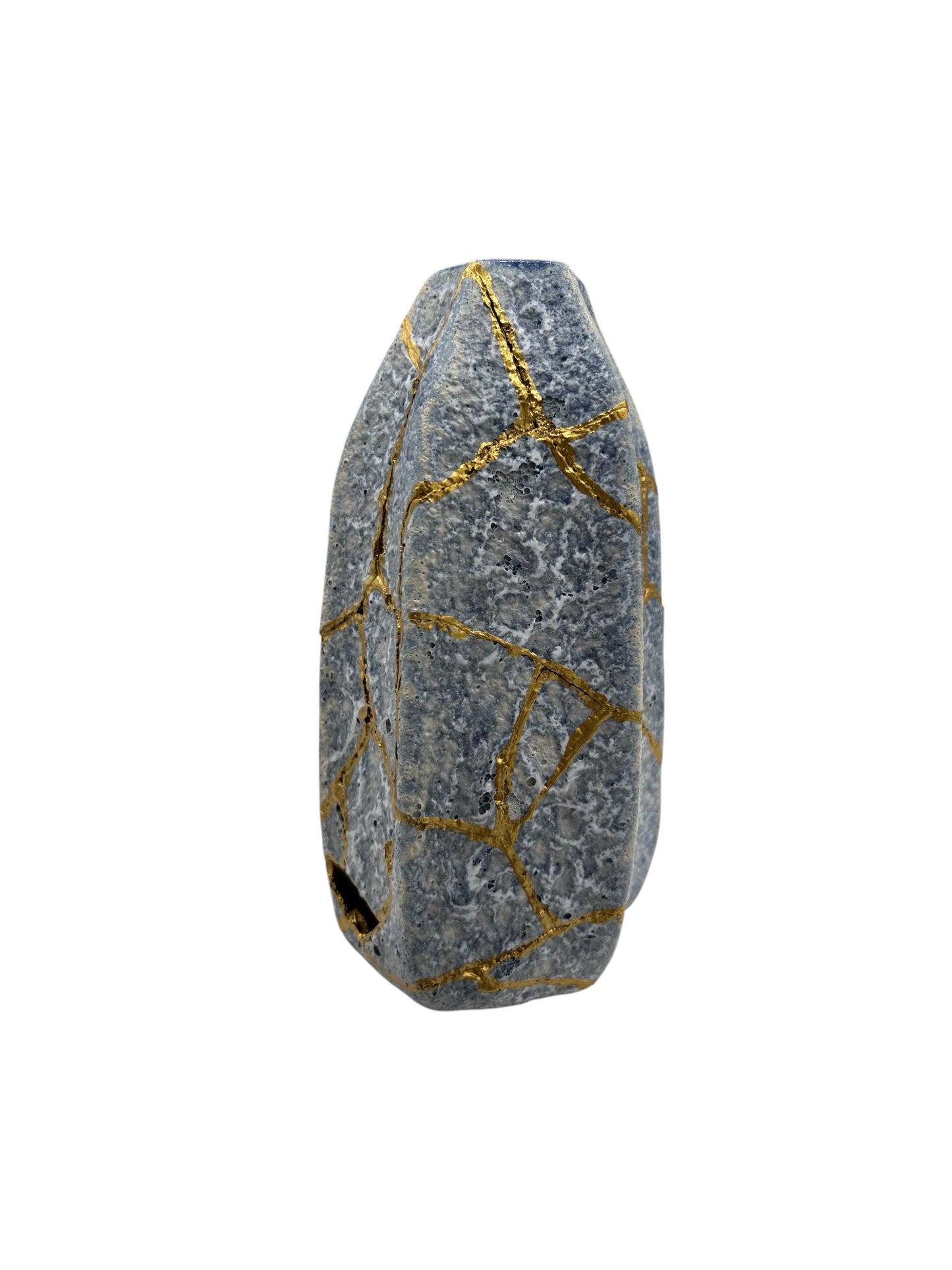 Modern Kintsugi Blue Jackfruit Vase - Botanical - Broken + Repaired Japanese Pottery - Hand Painted Gold - Made in Thailand - (H) 8.75in