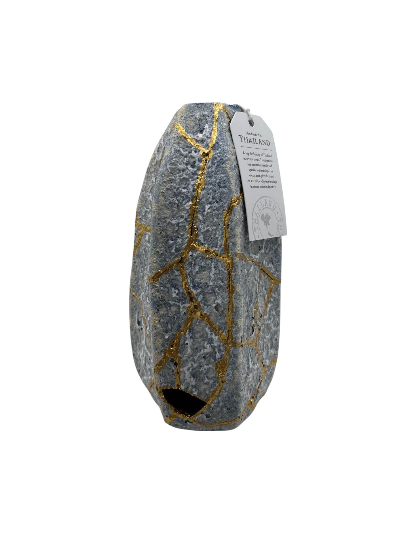 Modern Kintsugi Blue Jackfruit Vase - Botanical - Broken + Repaired Japanese Pottery - Hand Painted Gold - Made in Thailand - (H) 8.75in