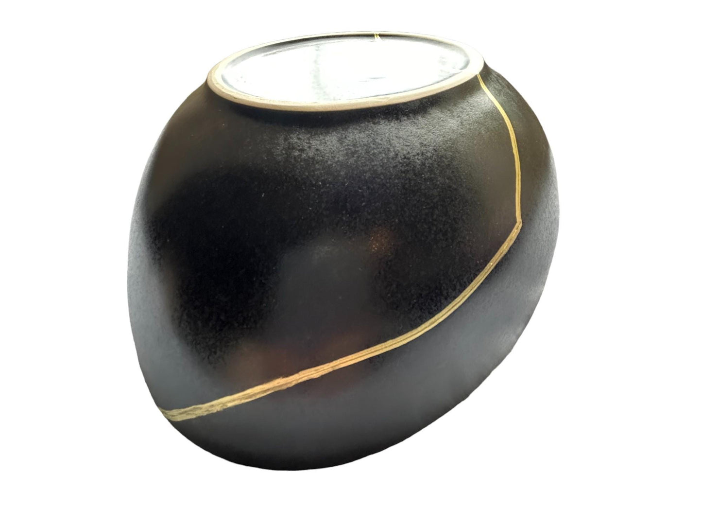 Modern Kintsugi Black Egg Bowl - Broken + Repaired Japanese Pottery Art - Hand Painted Gold - Ceramic - Minimalist - Japandi (D) 10.5in