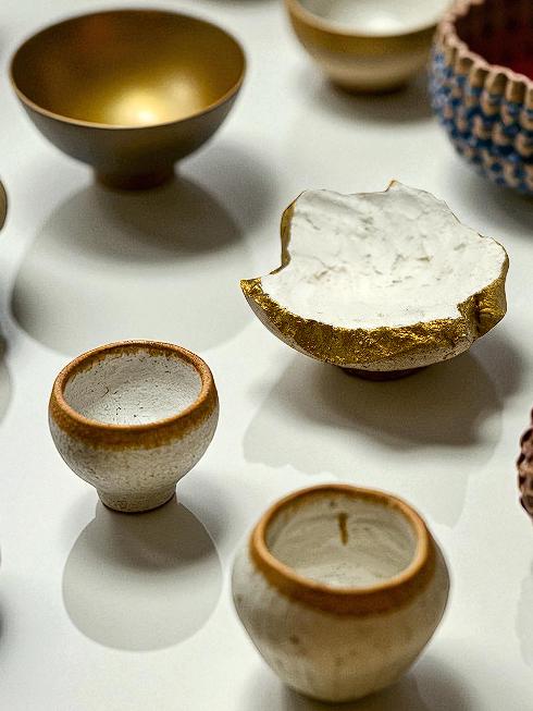 White Cement Bowl - Hand Formed/Painted Gold - Wabi Sabi - Japandi - Decorative/Jewelry/Entrance - Raw Edges - (W) 6in (H) 2in