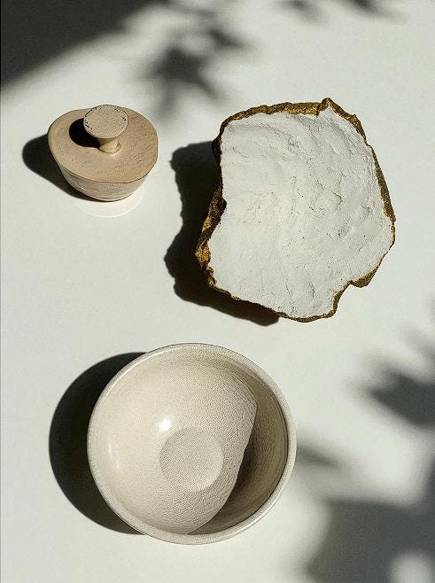 White Cement Bowl - Hand Formed/Painted Gold - Wabi Sabi - Japandi - Decorative/Jewelry/Entrance - Raw Edges - (W) 6in (H) 2in