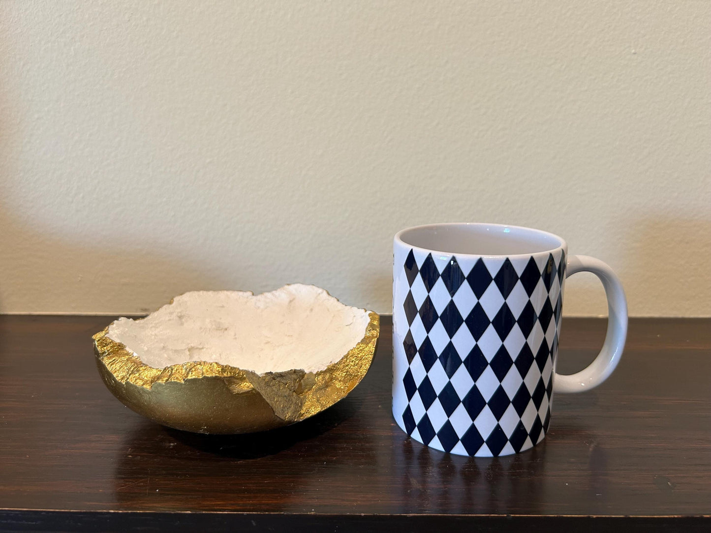 White Cement Bowl - Hand Formed/Painted Gold - Wabi Sabi - Japandi - Decorative/Jewelry/Entrance - Raw Edges - (W) 6in (H) 2in