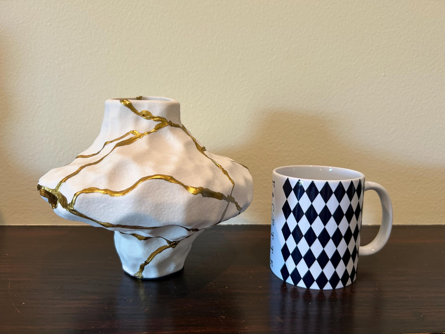 Modern Kintsugi Roccia Vase - Broken + Repaired Japanese Pottery - Hand Painted Gold Detail - Rough Texture - White - (H) 7in (W) 6.25in