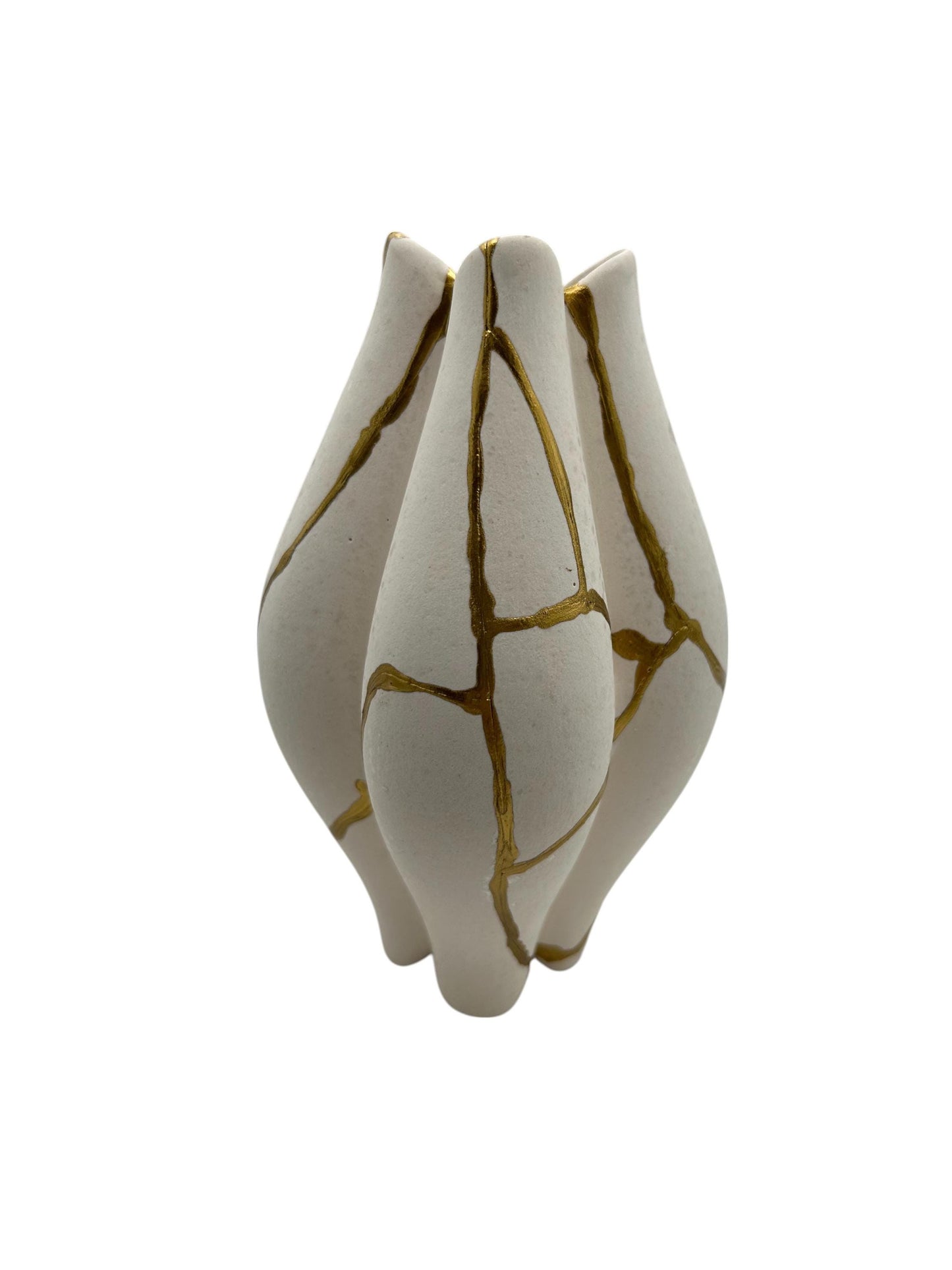 Modern Kintsugi Pond Vase - Broken + Repaired Japanese Pottery - Hand Painted Gold - Japandi - Rough Texture - Ivory (H) 6.5in (W) 3.75in