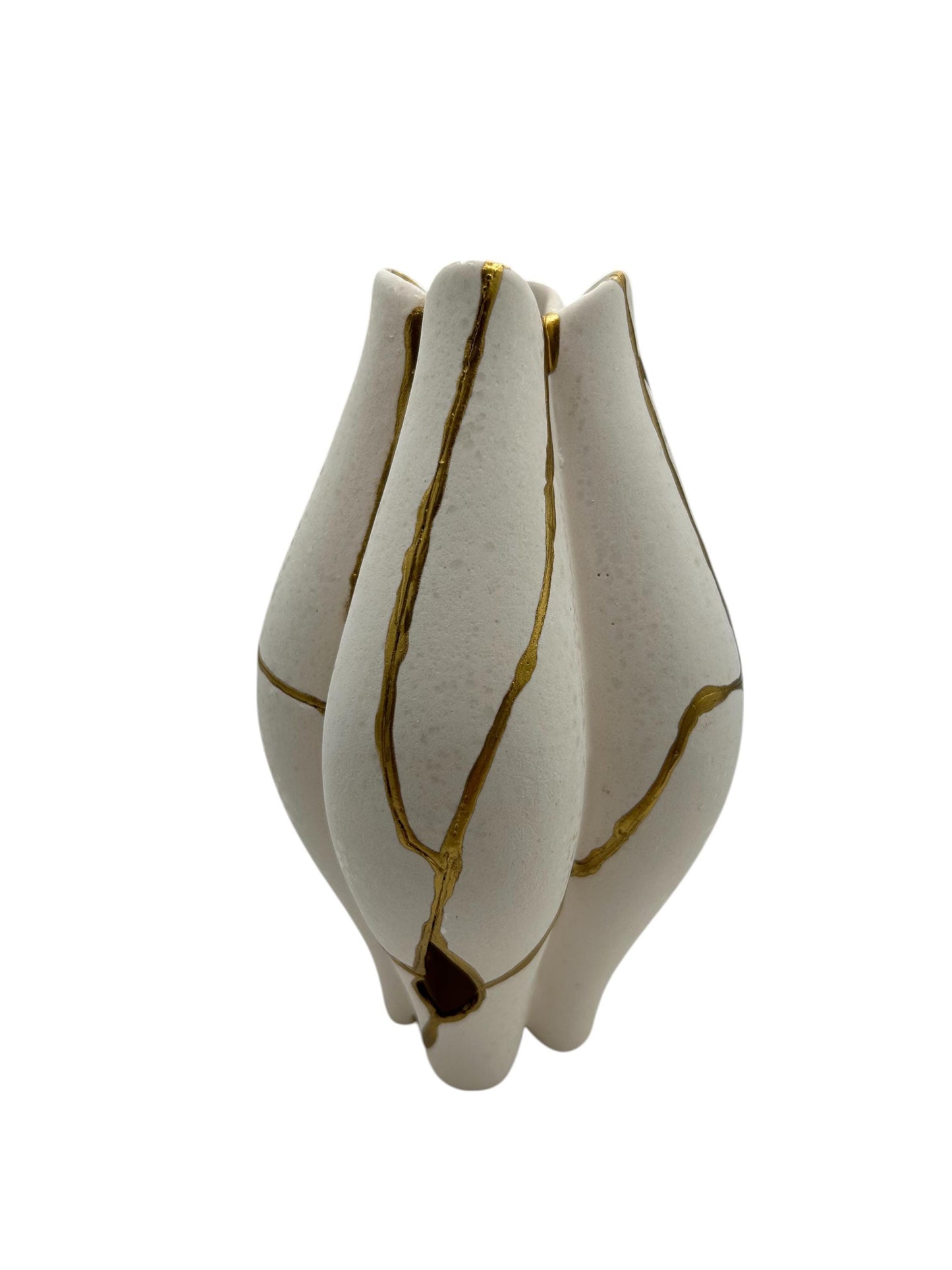 Modern Kintsugi Pond Vase - Broken + Repaired Japanese Pottery - Hand Painted Gold - Japandi - Rough Texture - Ivory (H) 6.5in (W) 3.75in