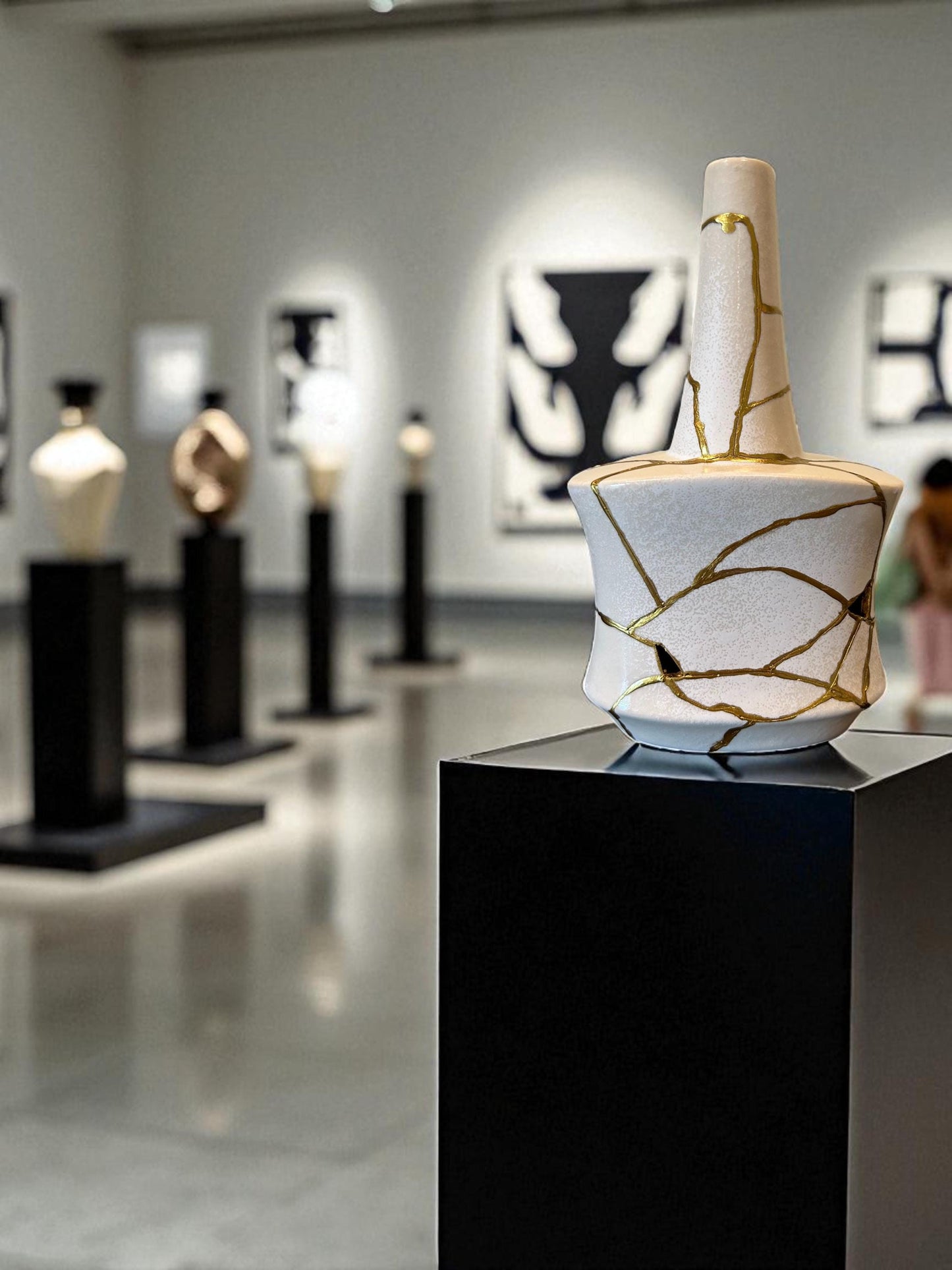 Modern Kintsugi Avag Vase - Broken + Repaired Japanese Pottery - Hand Painted Gold - Japandi - Smooth Texture - Ivory (H) 9.75in (W) 5.5in