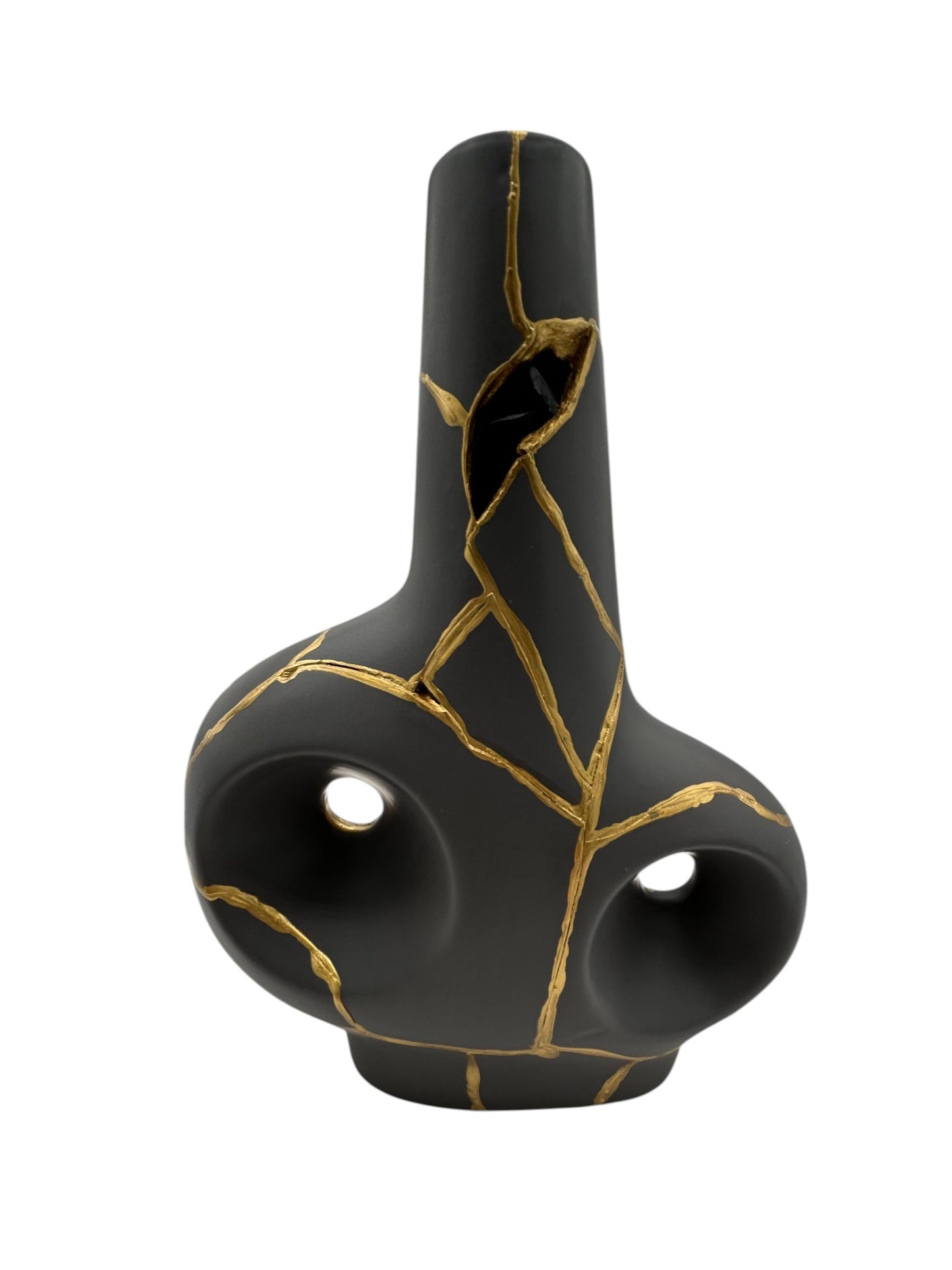 Modern Kintsugi Batur Vase - Broken + Repaired Japanese Pottery - Hand Painted Gold - Japandi - Smooth Texture - Charcoal (H) 9.75in (W) 7in