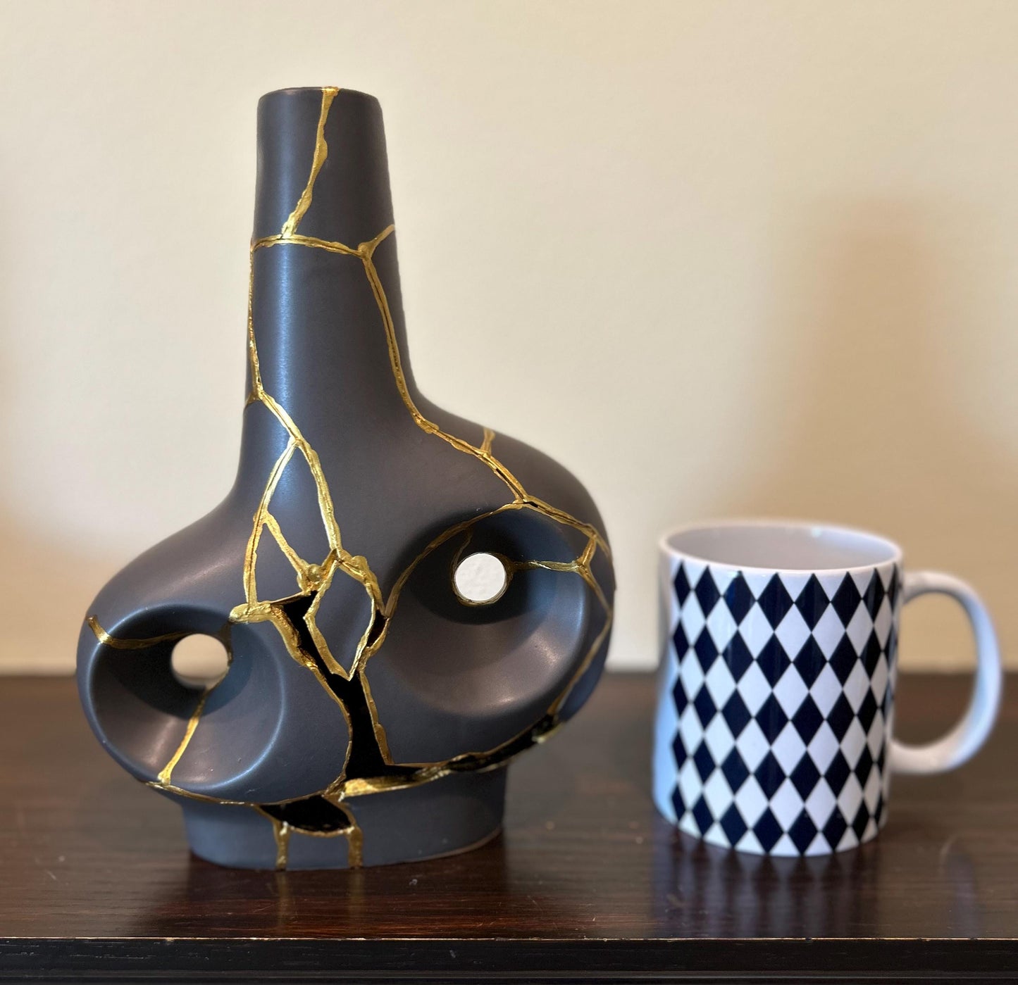 Modern Kintsugi Batur Vase - Broken + Repaired Japanese Pottery - Hand Painted Gold - Japandi - Smooth Texture - Charcoal (H) 9.75in (W) 7in