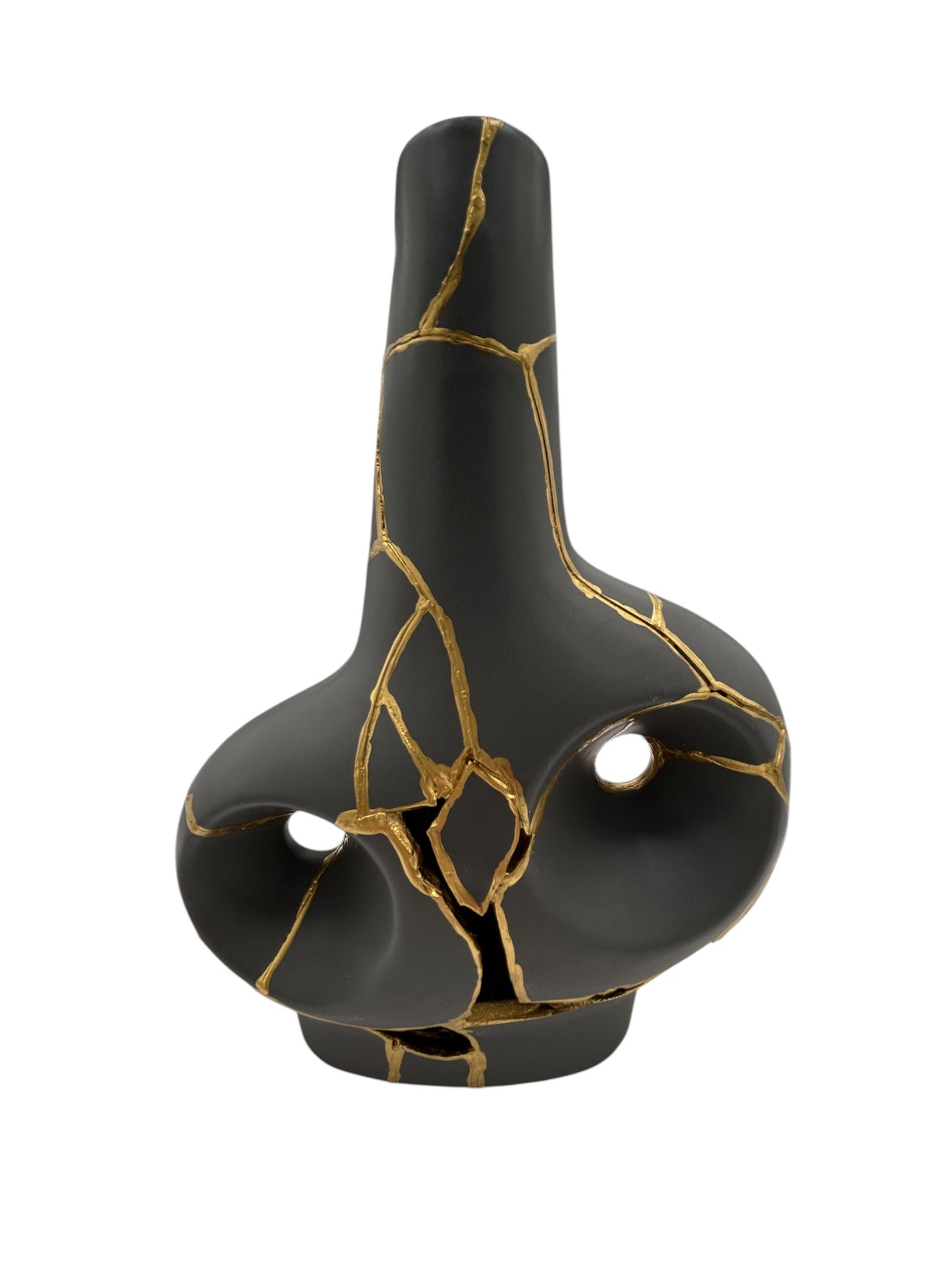 Modern Kintsugi Batur Vase - Broken + Repaired Japanese Pottery - Hand Painted Gold - Japandi - Smooth Texture - Charcoal (H) 9.75in (W) 7in