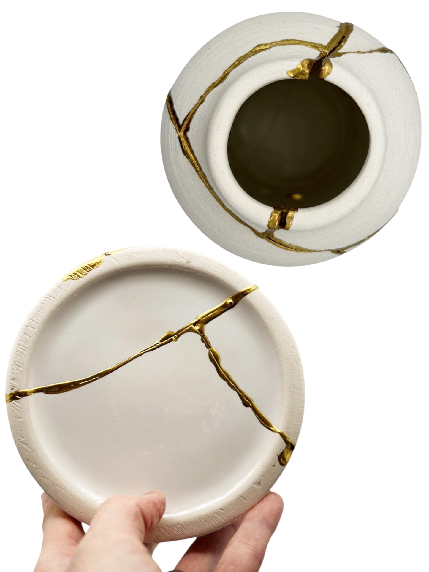 Modern Kintsugi Giraffe Vase - Broken + Repaired Japanese Pottery - Hand Painted Gold - Matte White Cylinder/Brushed Texture #2 (H) 10.125in