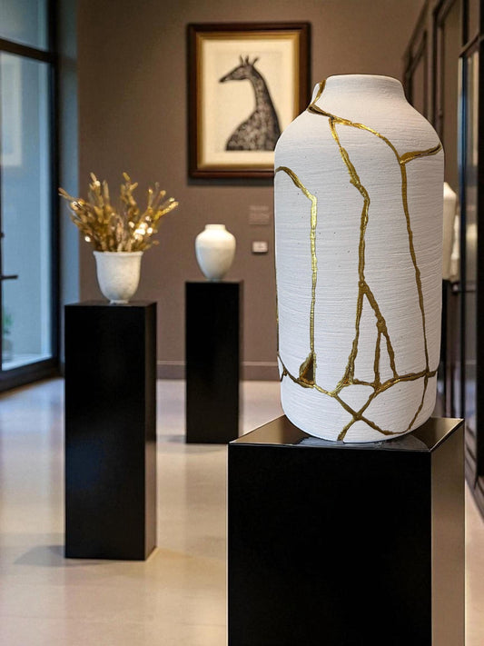 Modern Kintsugi Giraffe Vase - Broken + Repaired Japanese Pottery - Hand Painted Gold - Matte White Cylinder/Brushed Texture #2 (H) 10.125in