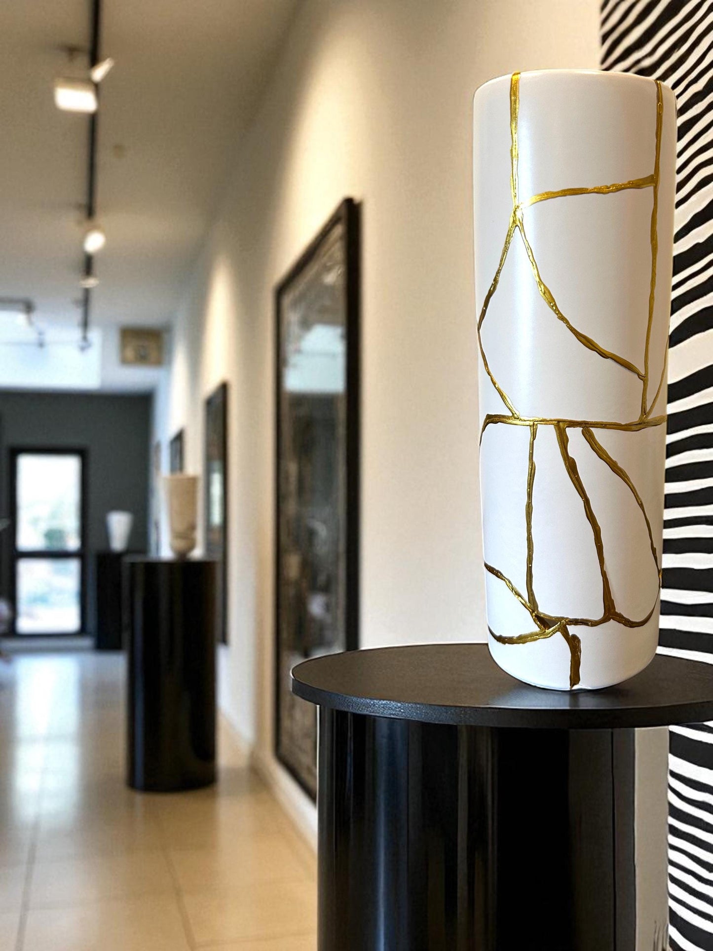 Modern Kintsugi Cylinder Vase - Japanese Pottery Broken + Repaired - Hand Painted Gold - White - Smooth Texture - No.2 - (H) 10.375in