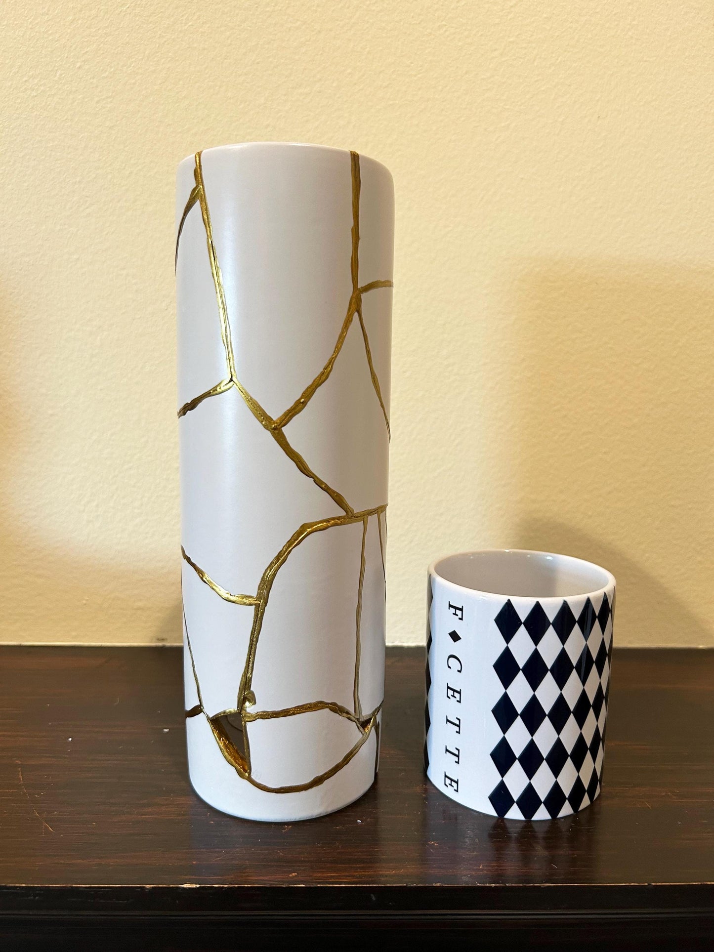 Modern Kintsugi Cylinder Vase - Japanese Pottery Broken + Repaired - Hand Painted Gold - White - Smooth Texture - No.2 - (H) 10.375in