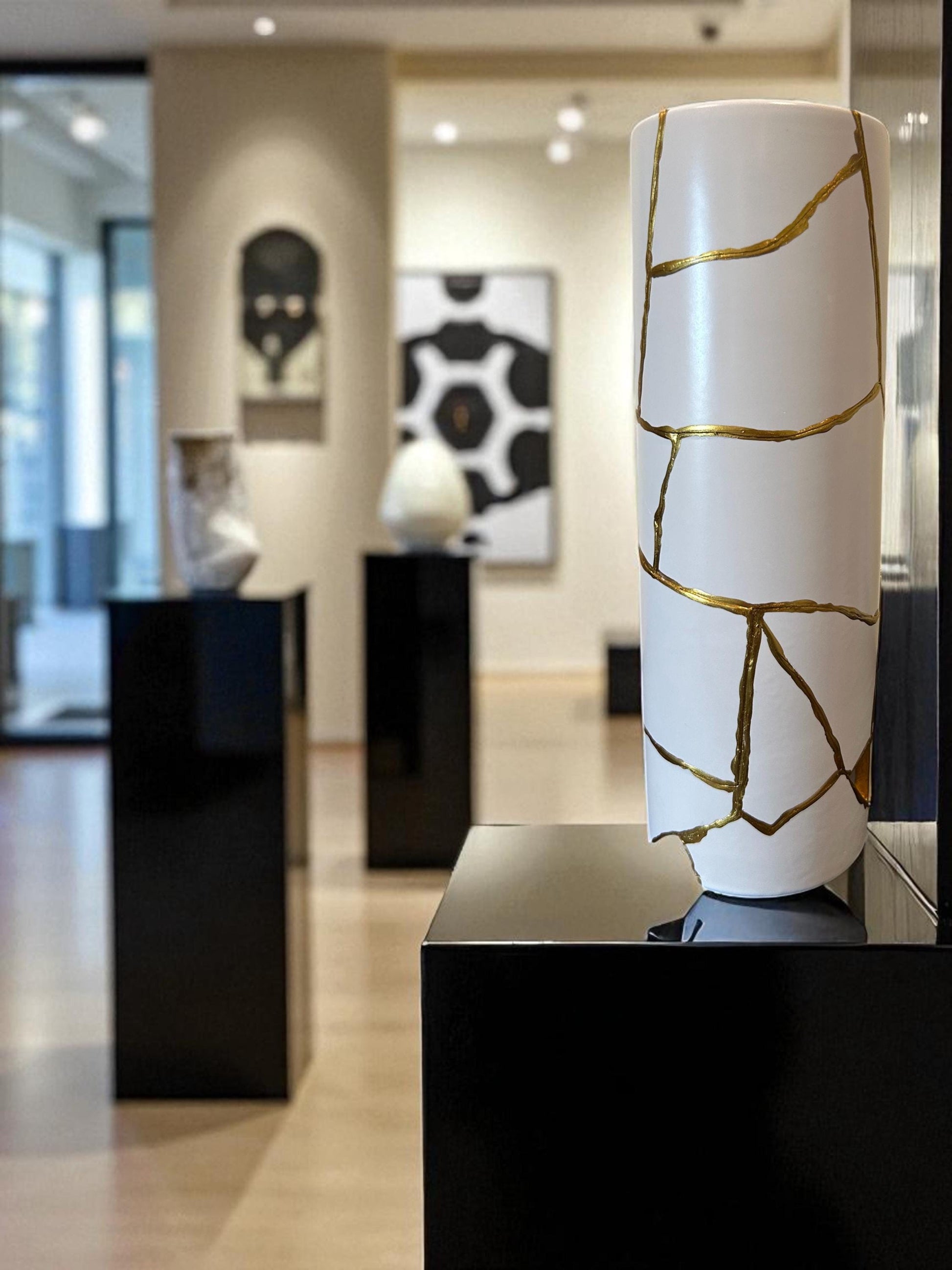 Modern Kintsugi Cylinder Vase - Japanese Pottery Broken + Repaired - Hand Painted Gold - White - Smooth Texture - No.2 - (H) 10.375in