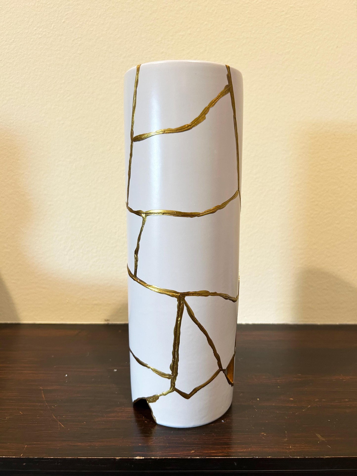 Modern Kintsugi Cylinder Vase - Japanese Pottery Broken + Repaired - Hand Painted Gold - White - Smooth Texture - No.2 - (H) 10.375in