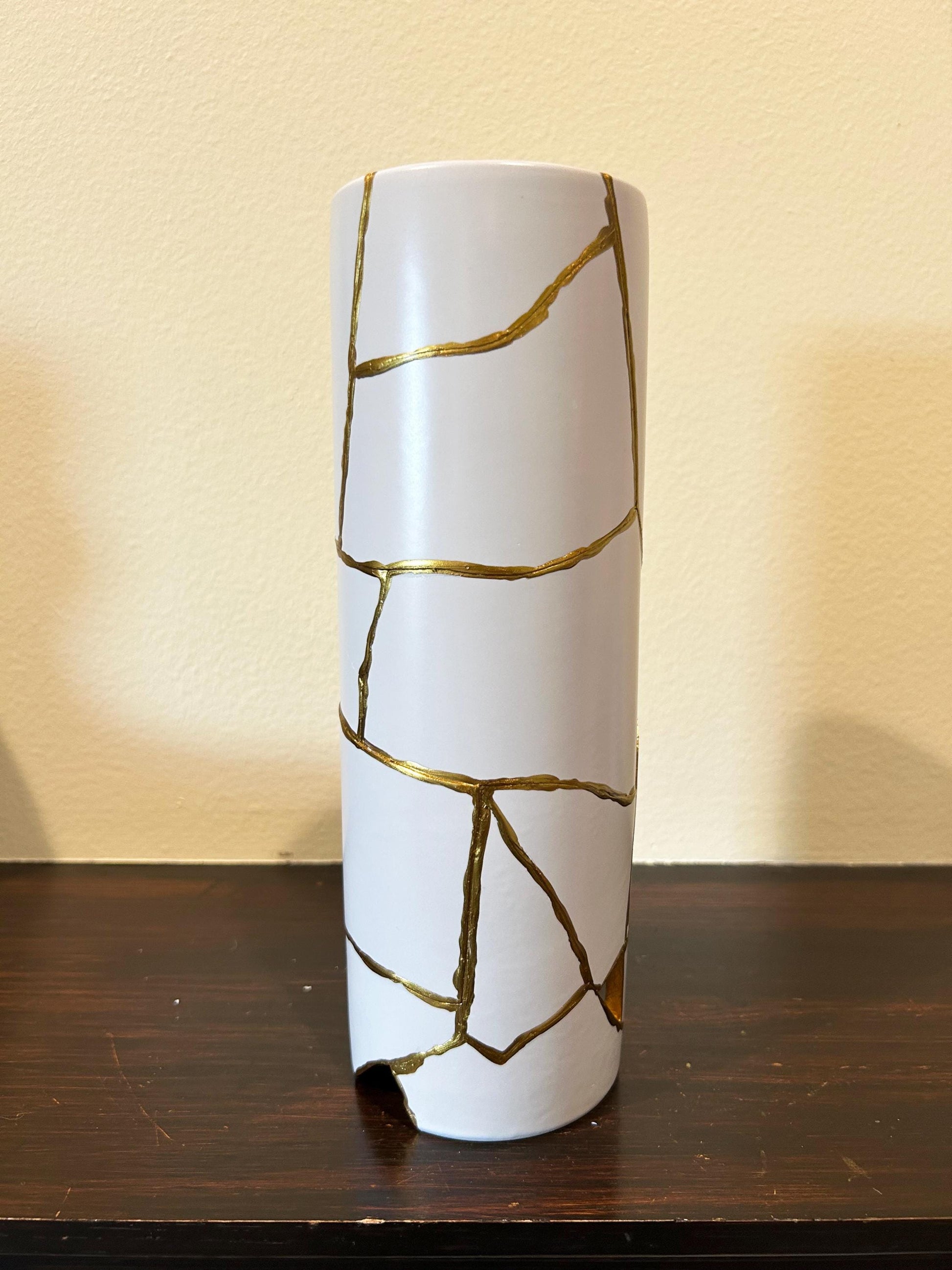 Modern Kintsugi Cylinder Vase - Japanese Pottery Broken + Repaired - Hand Painted Gold - White - Smooth Texture - No.2 - (H) 10.375in