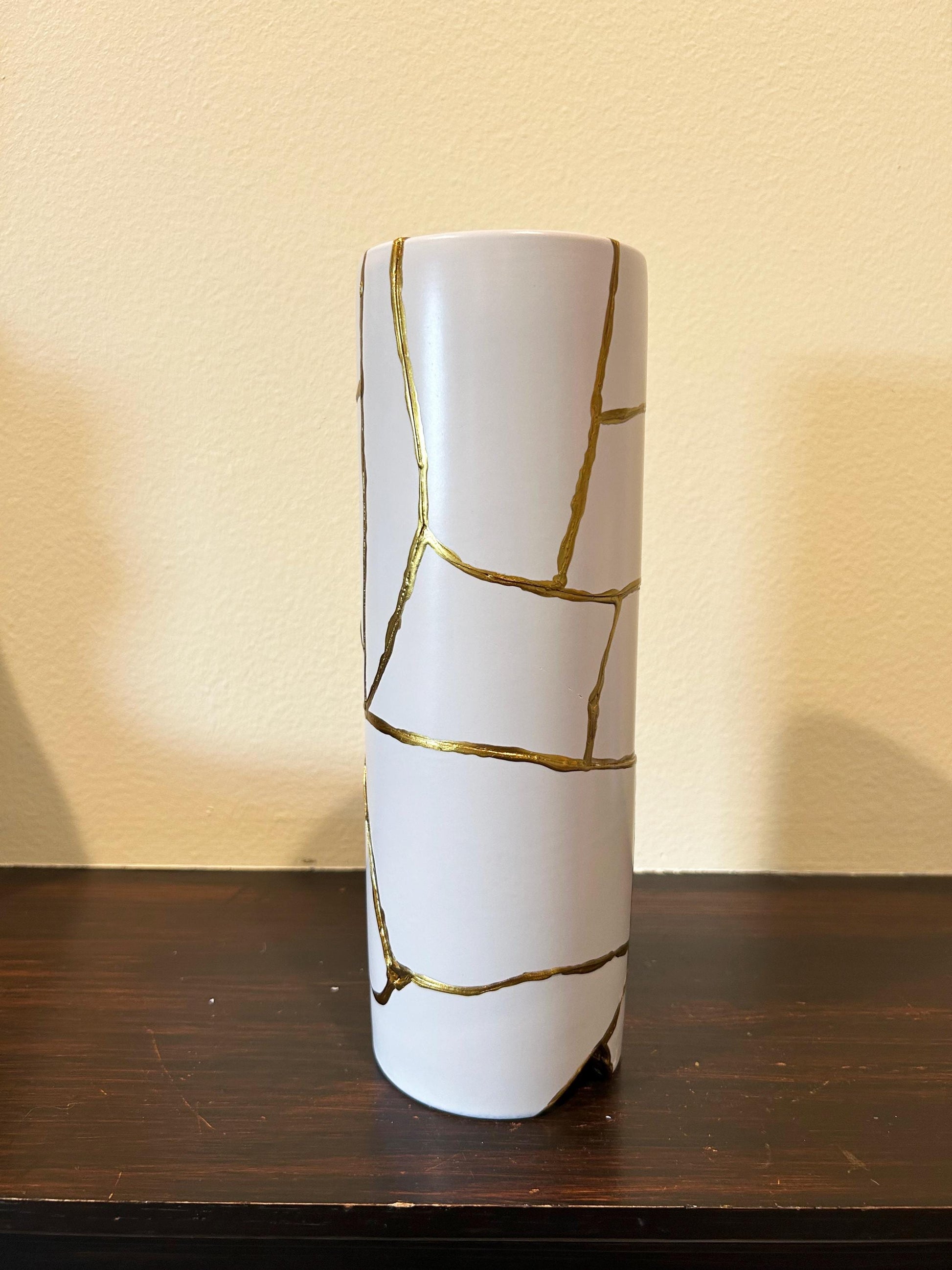 Modern Kintsugi Cylinder Vase - Japanese Pottery Broken + Repaired - Hand Painted Gold - White - Smooth Texture - No.2 - (H) 10.375in