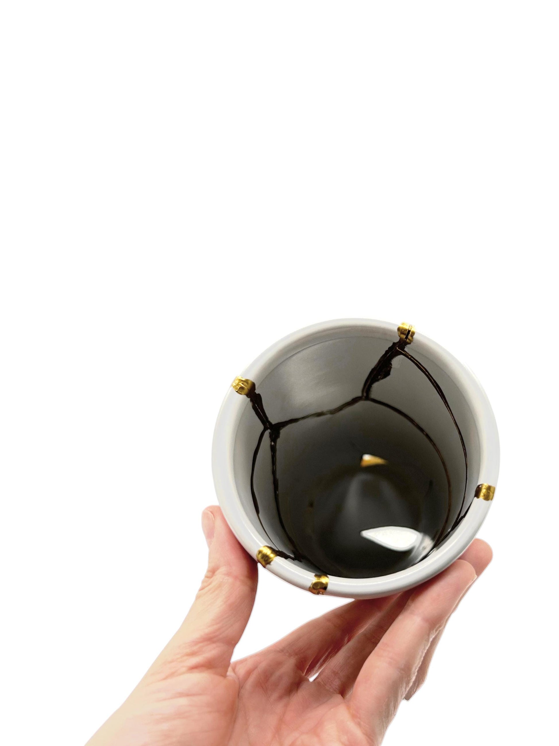Modern Kintsugi Cylinder Vase - Japanese Pottery Broken + Repaired - Hand Painted Gold - White - Smooth Texture - No.2 - (H) 10.375in