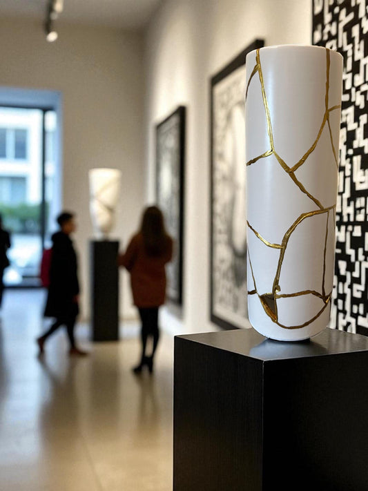 Modern Kintsugi Cylinder Vase - Japanese Pottery Broken + Repaired - Hand Painted Gold - White - Smooth Texture - No.2 - (H) 10.375in